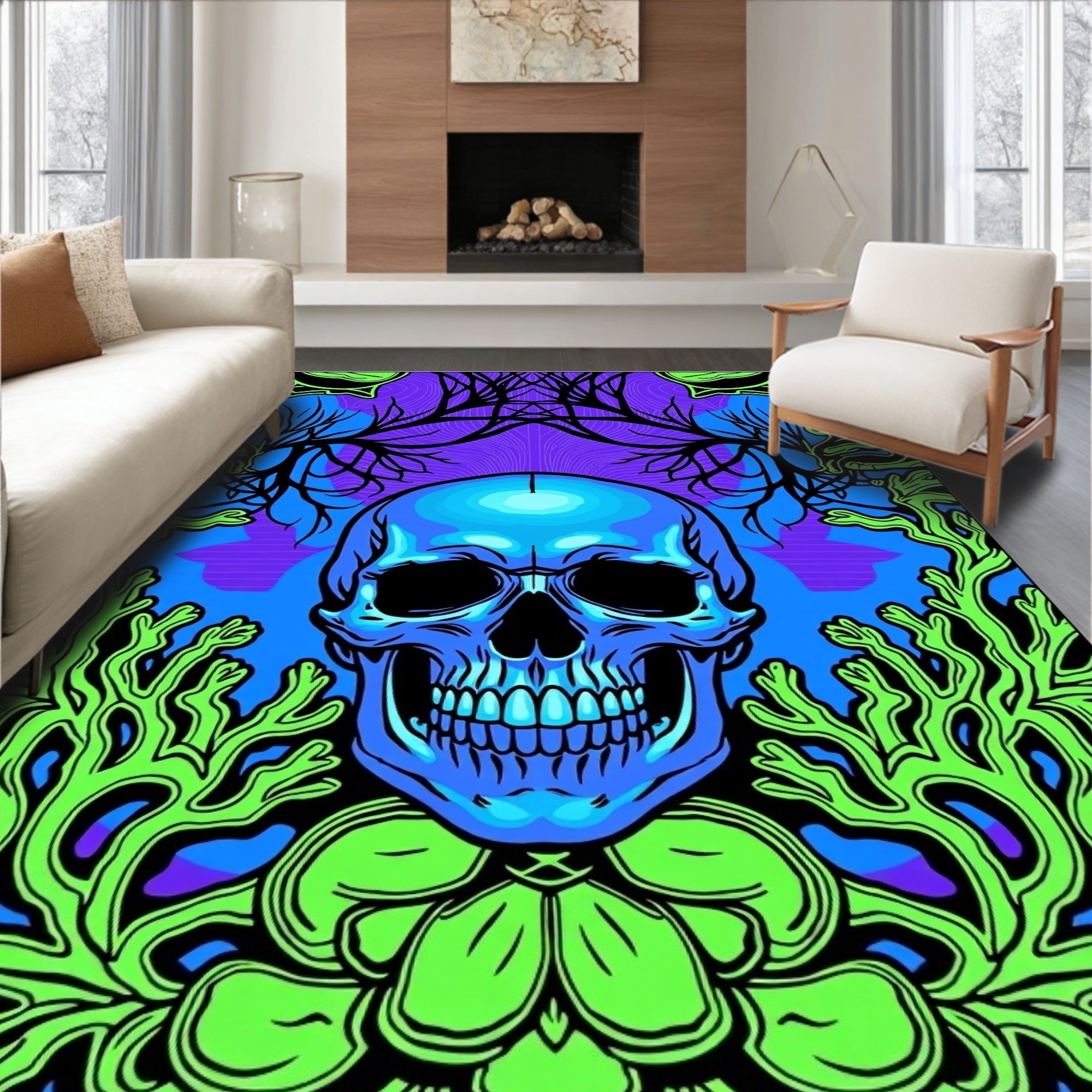 Blue Skull With Neon Coral Garden Rug