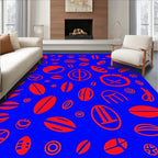 Red Abstract Oval Shapes on Blue Rug