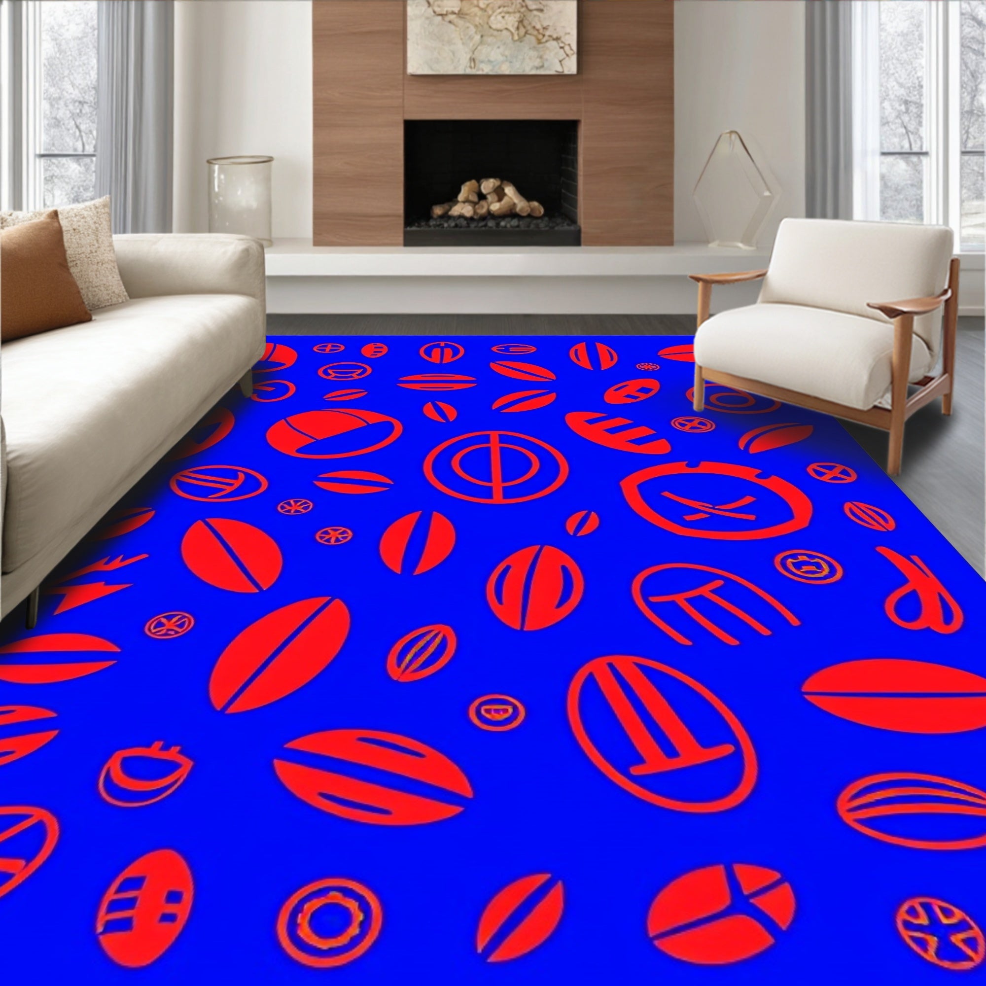 Red Abstract Oval Shapes on Blue Rug