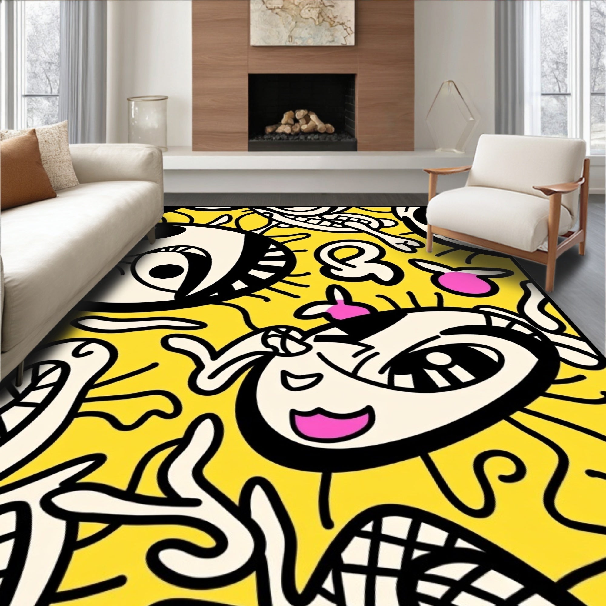 Whimsical Yellow Cartoon Character Assemblage Rug