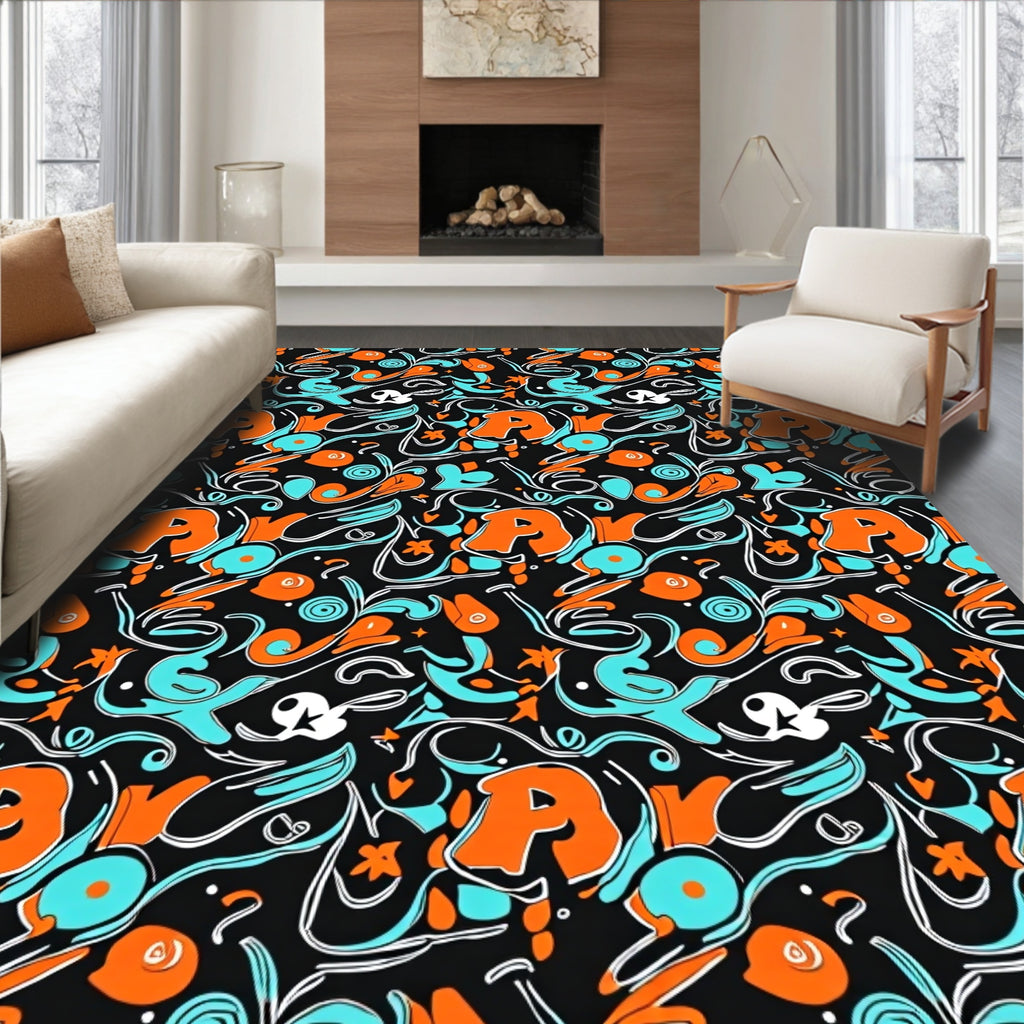 Orange Blue Graffiti Swirls Rug