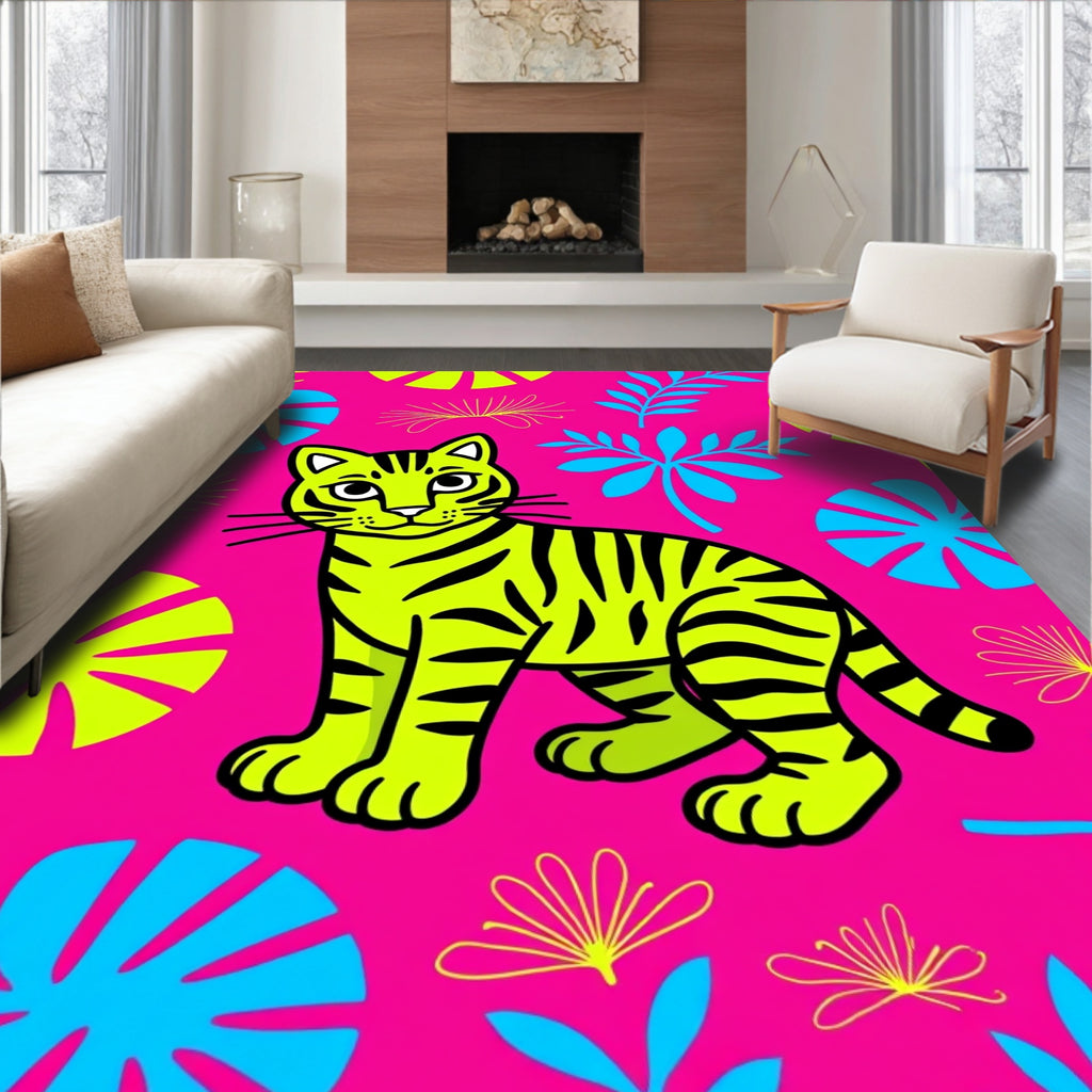 Vibrant Neon Tiger Jungle Foliage Rug