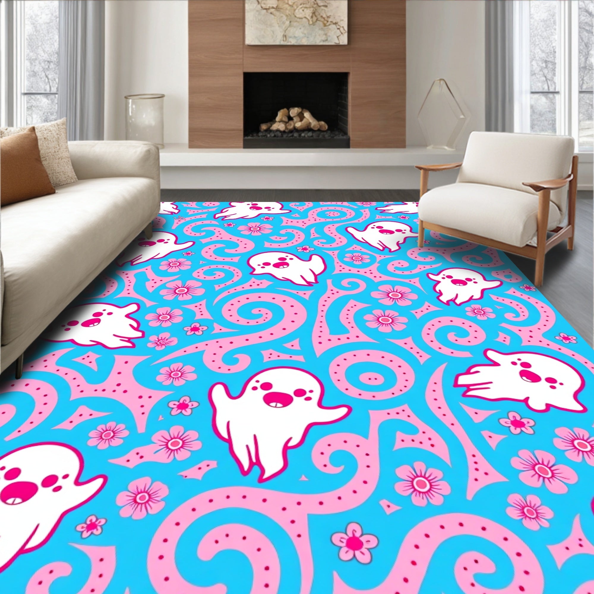 Cute White Ghost Pink Floral Swirl Rug