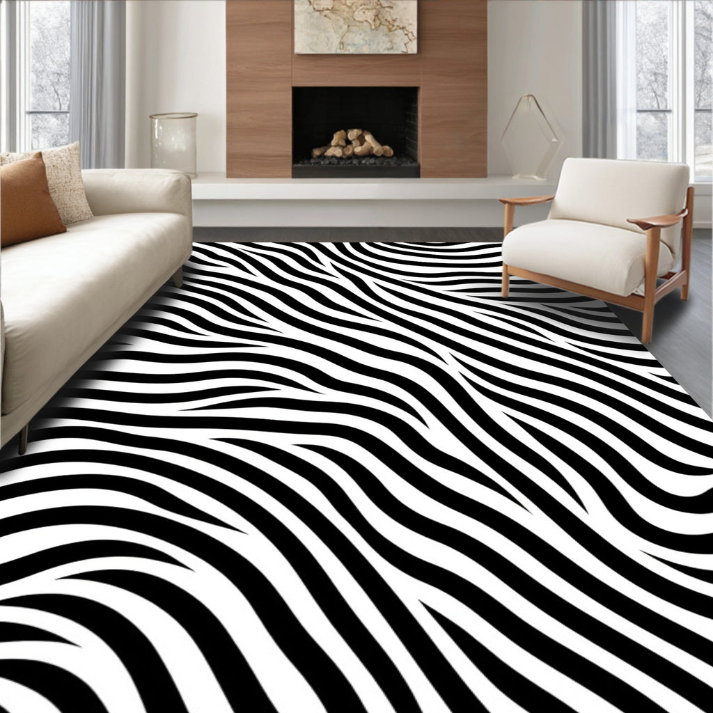 Black White Wavy Stripes Rug