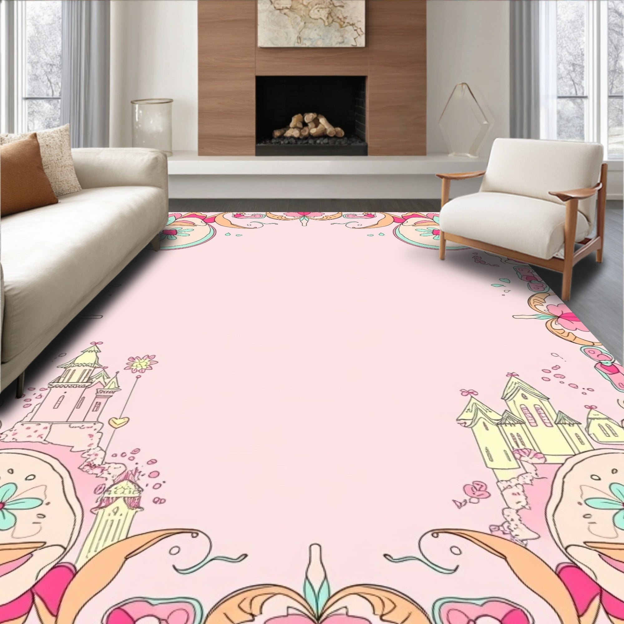 Whimsical Pastel Castle Garden Frame Rug