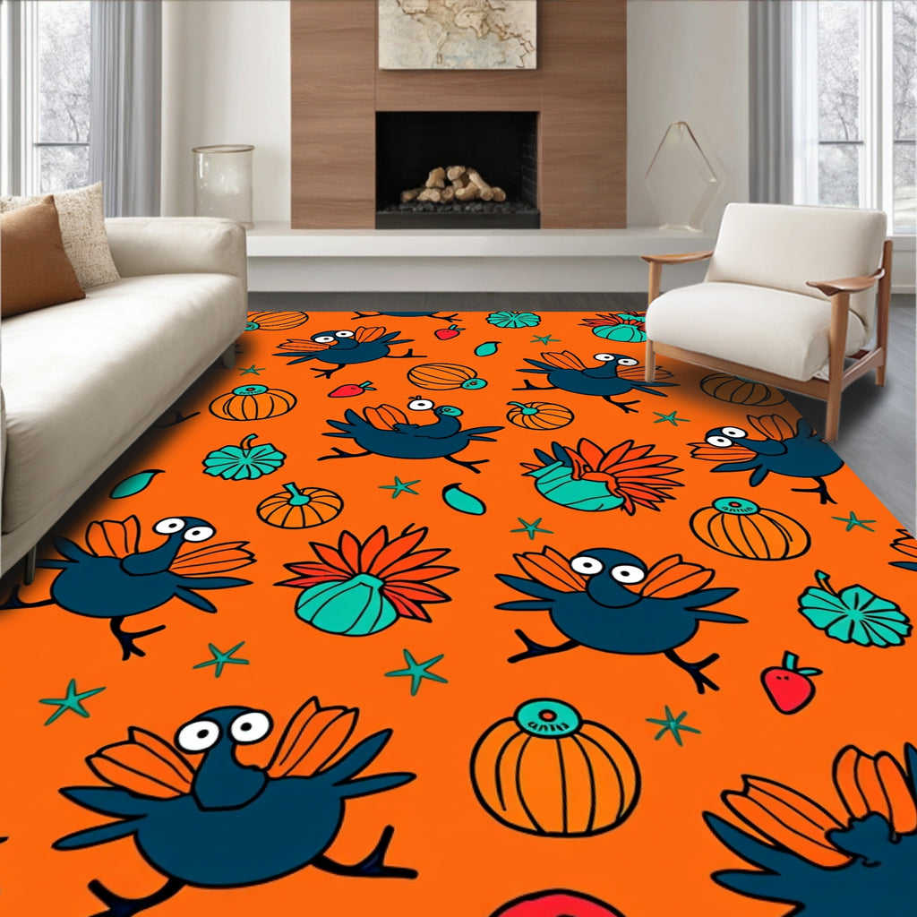 Whimsical Blue Turkey Pumpkin Harvest Rug