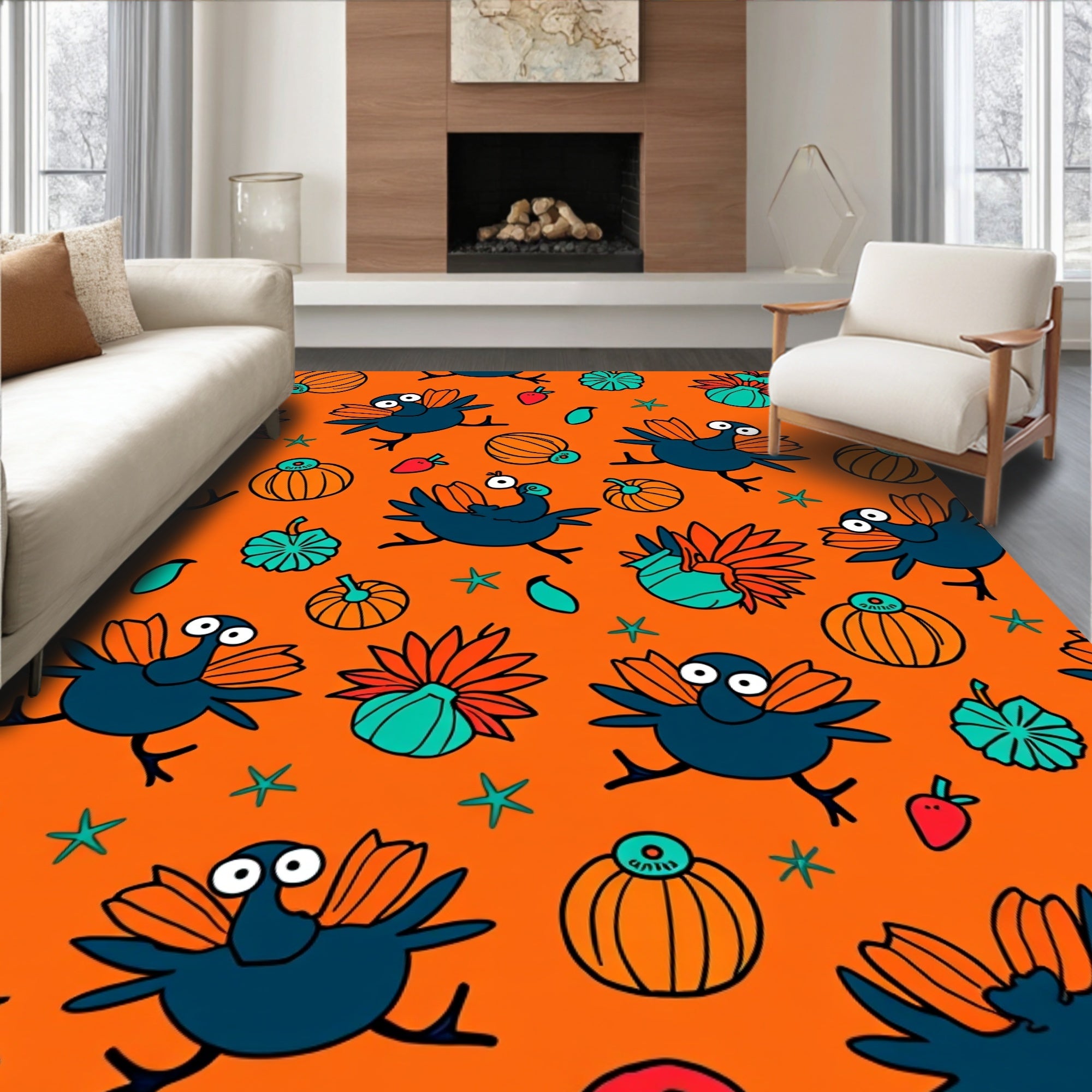 Whimsical Blue Turkey Pumpkin Harvest Rug