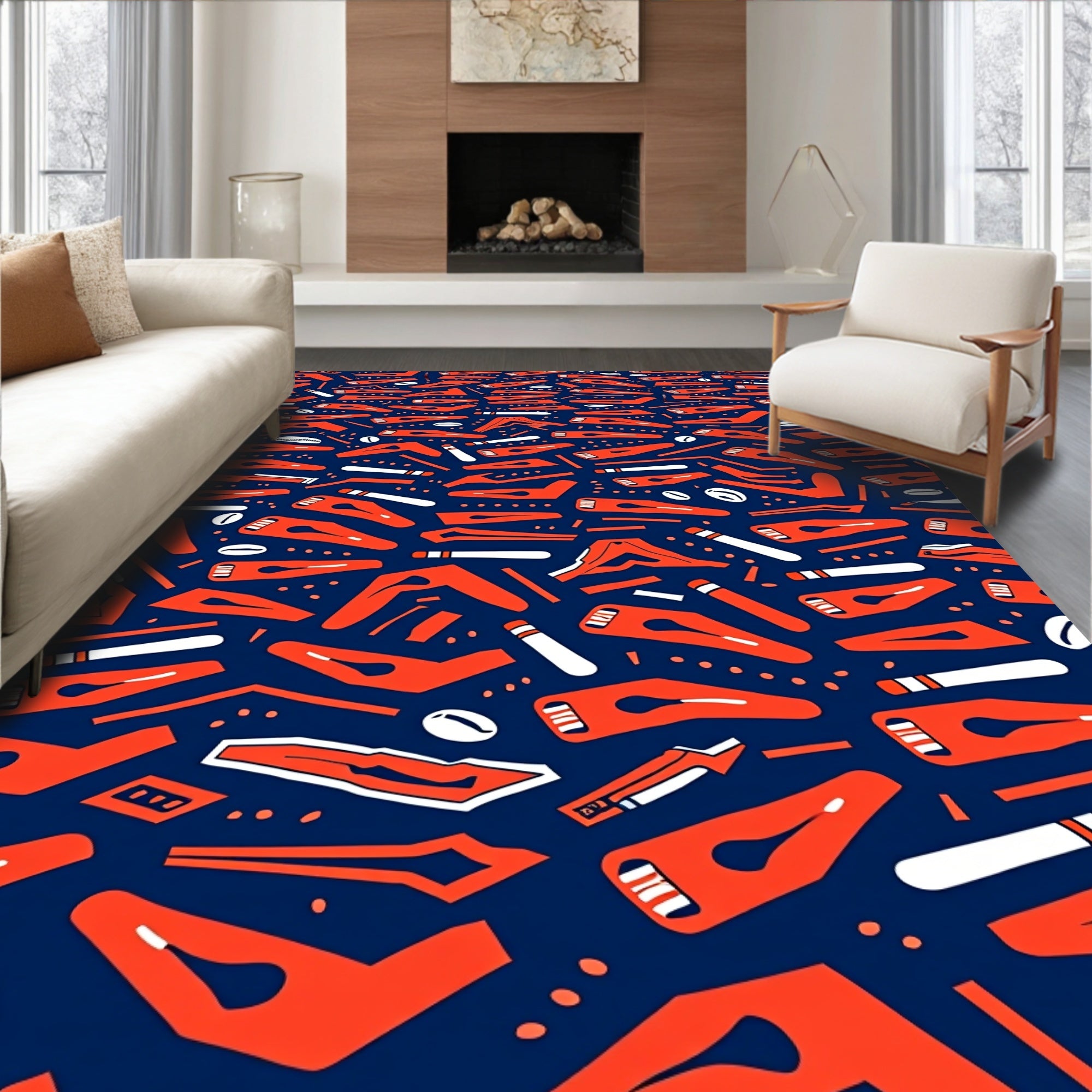 Orangecolored Objects Navy Blue Background Rug
