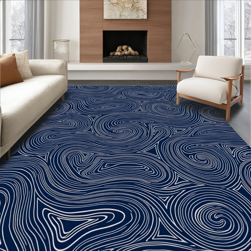 Deep Blue Swirling Abstract Lines Rug