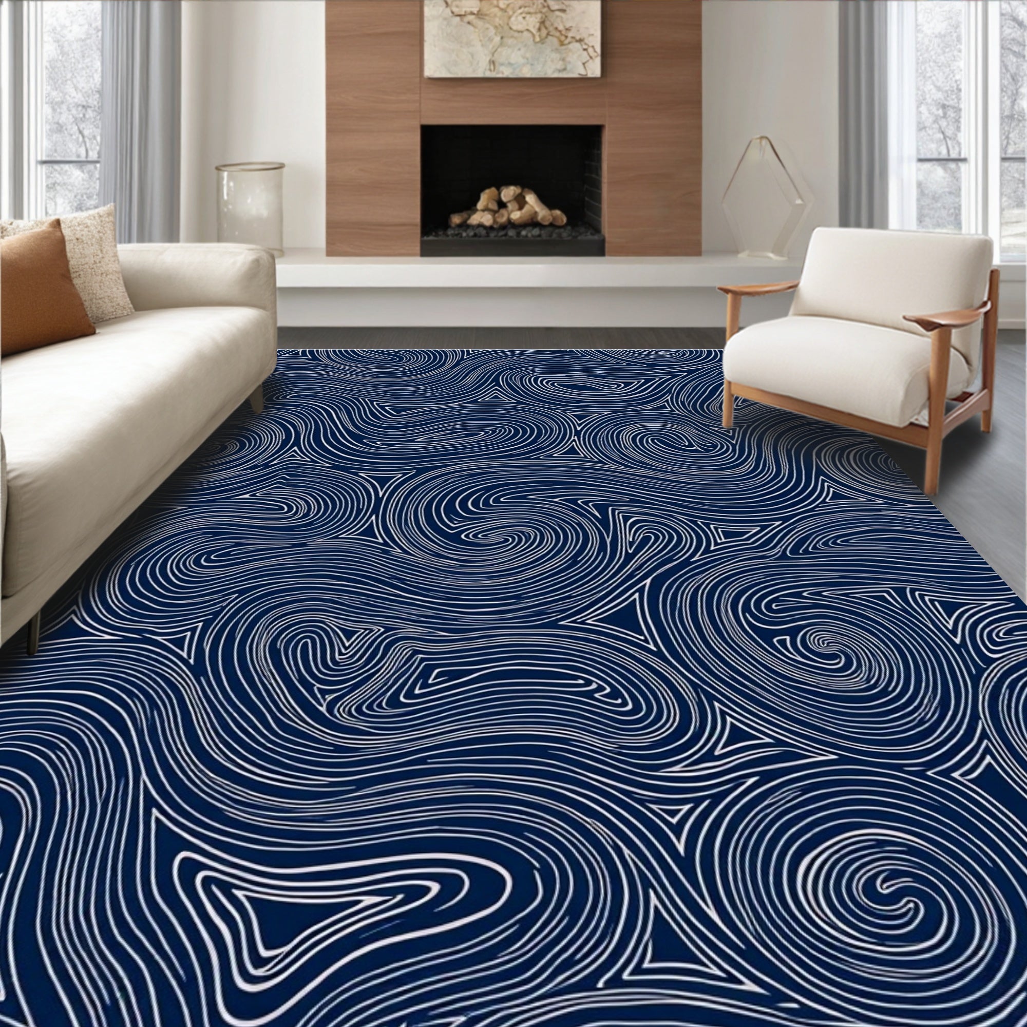 Deep Blue Swirling Abstract Lines Rug