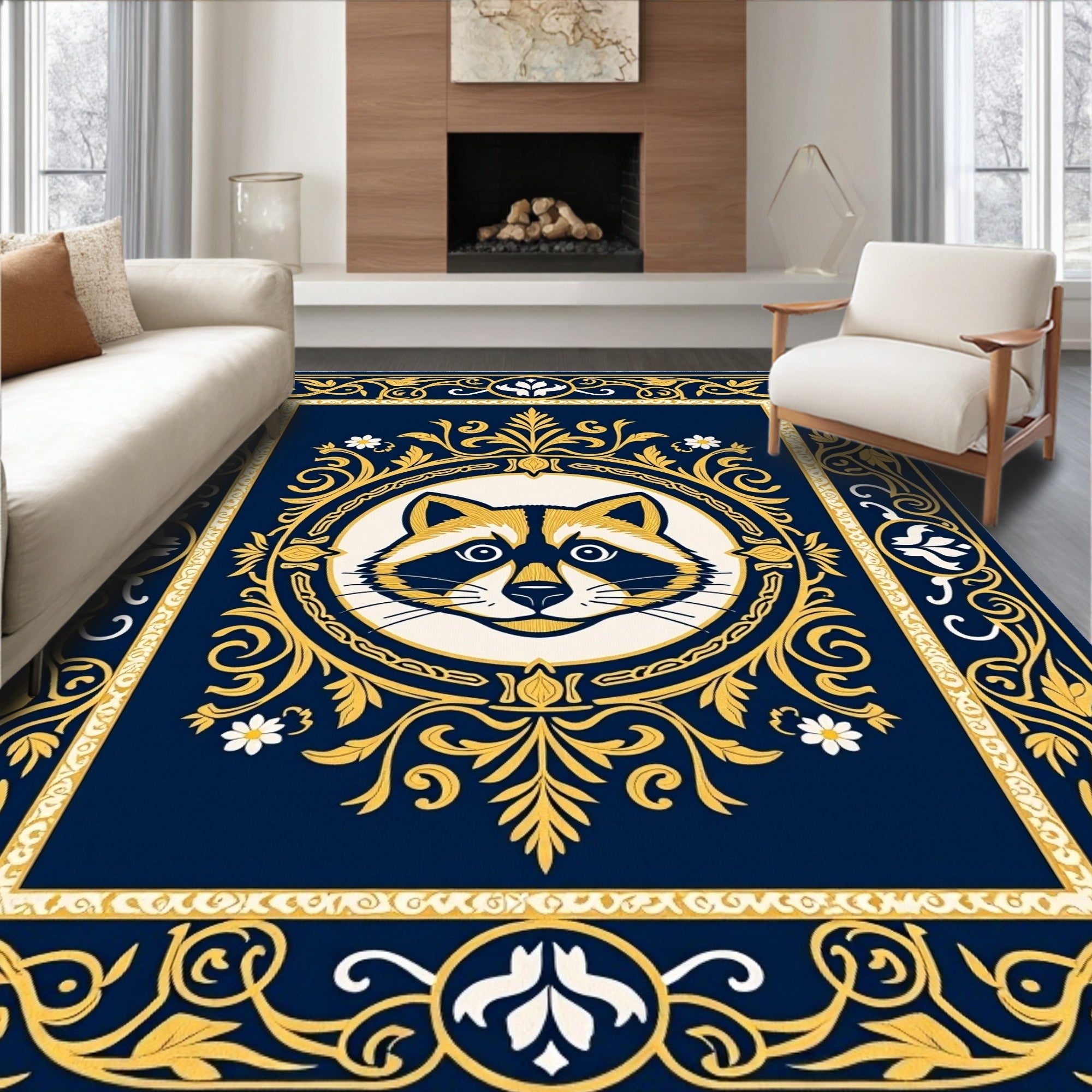 Ornate Navy Blue Raccoon Frame Rug