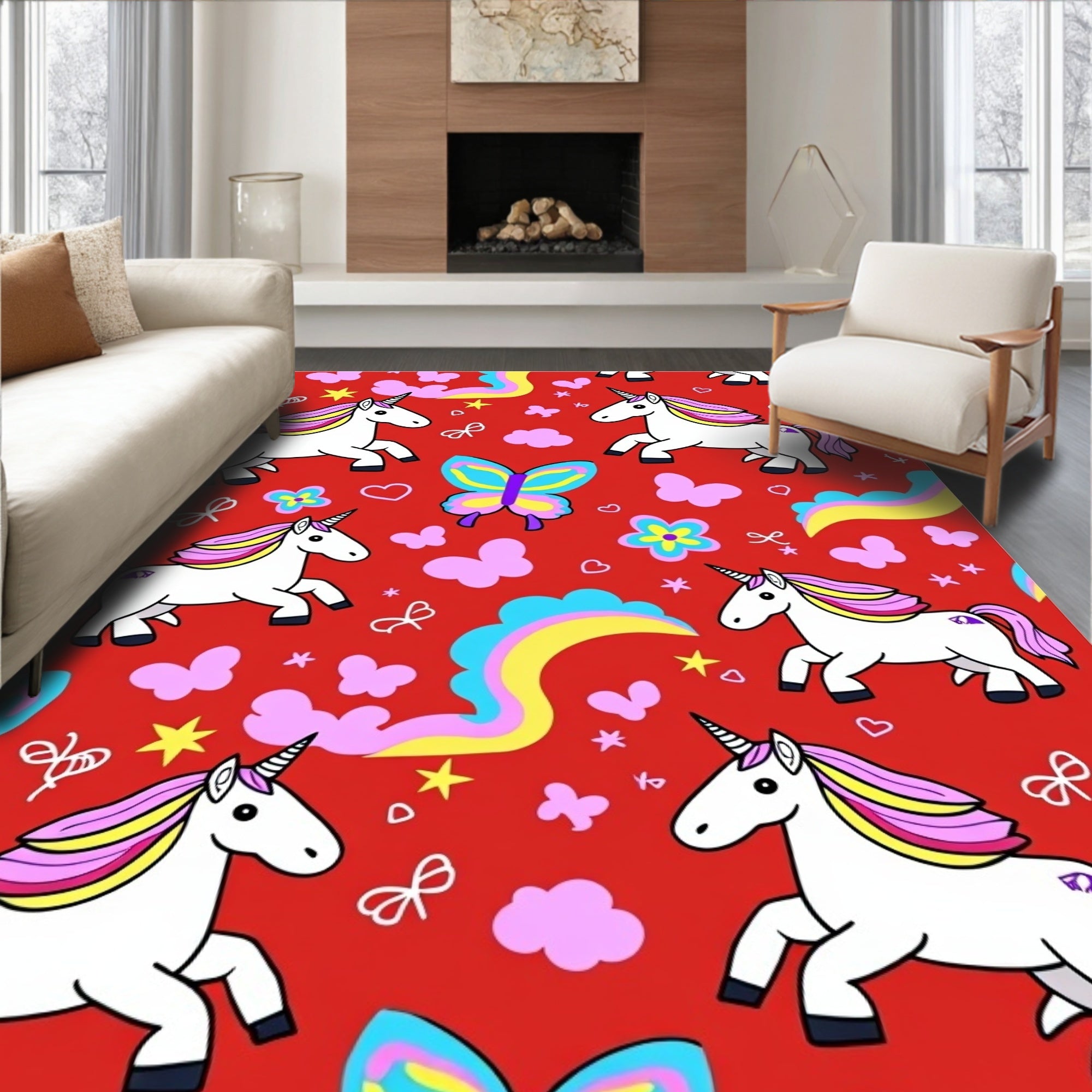 Enchanted Unicorn Rainbow Cloud Butterfly Rug