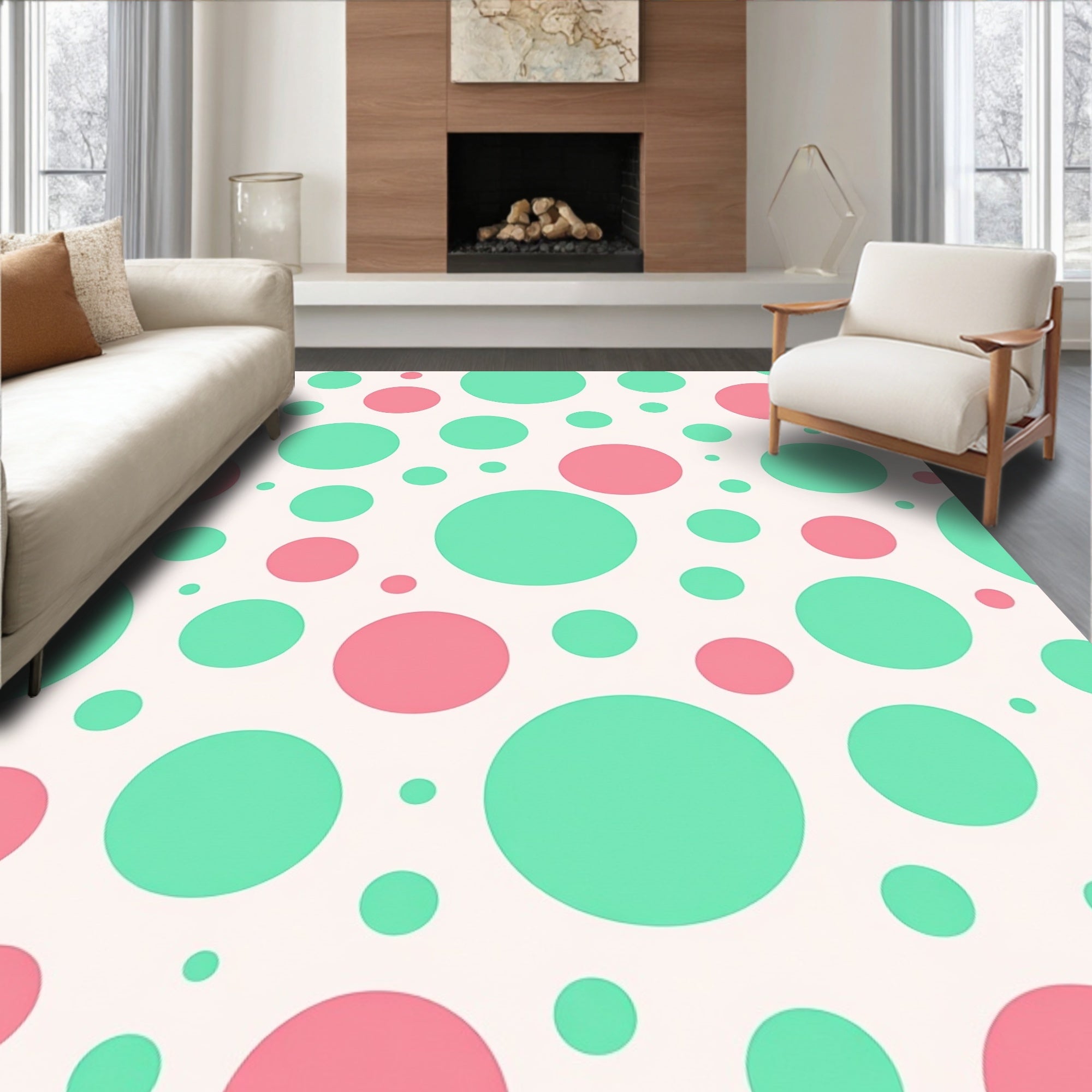 Mint Coral Polka Dot Circles Rug