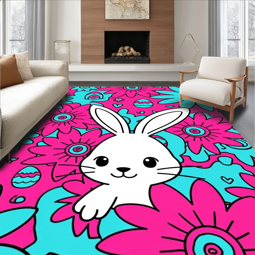 Whimsical White Rabbit Floral Easter Rug