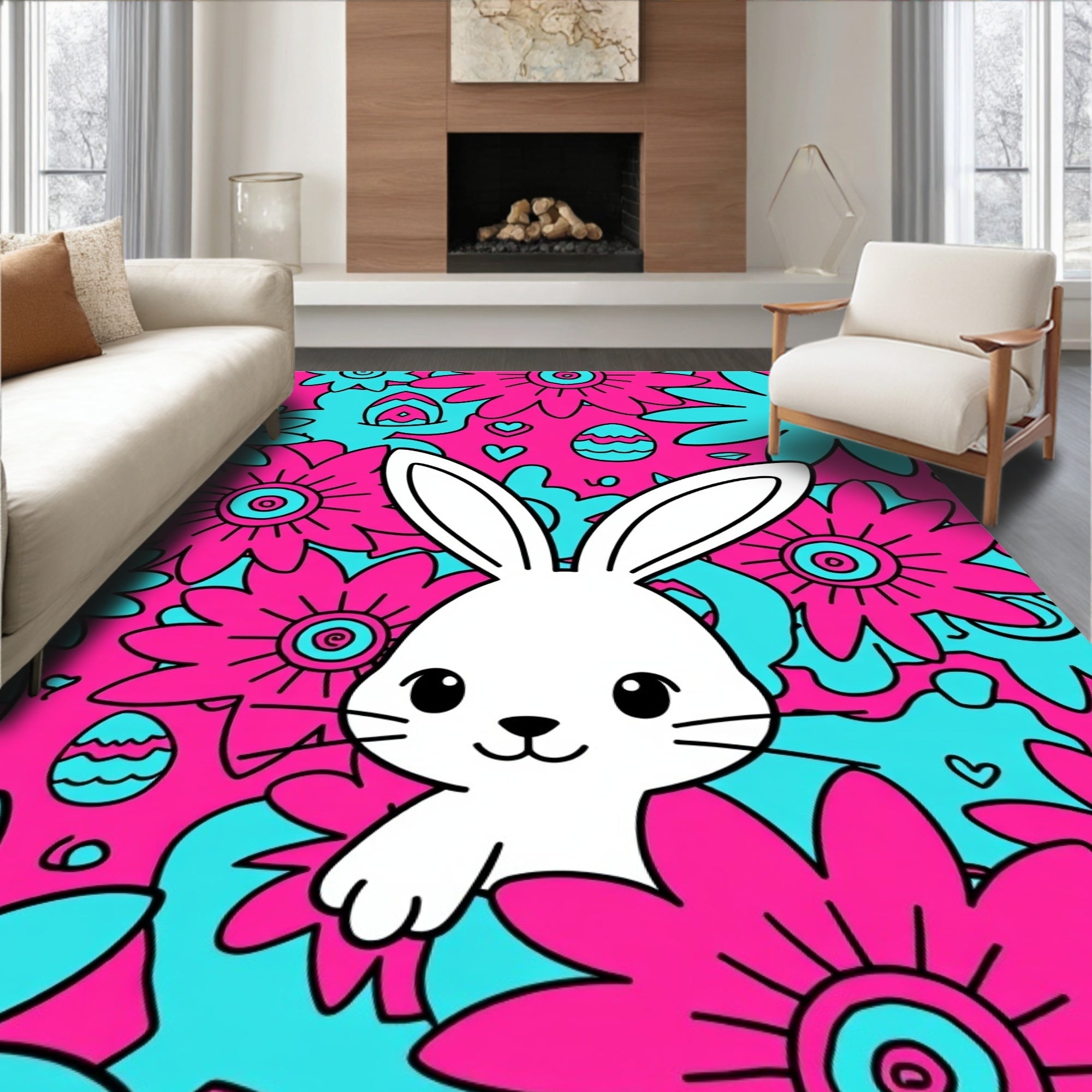Whimsical White Rabbit Floral Easter Rug