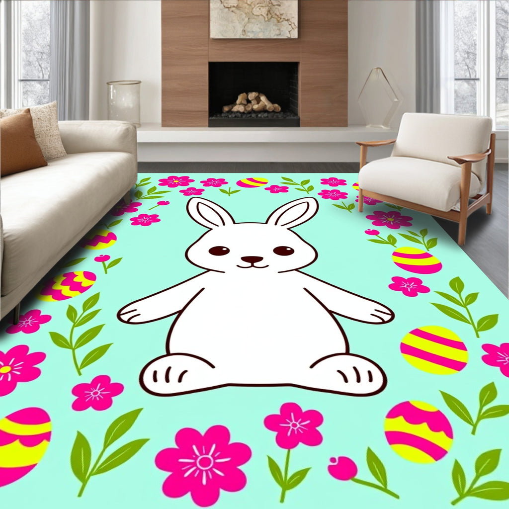 Whimsical Pink Floral Easter Bunny Eggs Rug