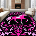 Pink Horse Black Floral Frame Rug