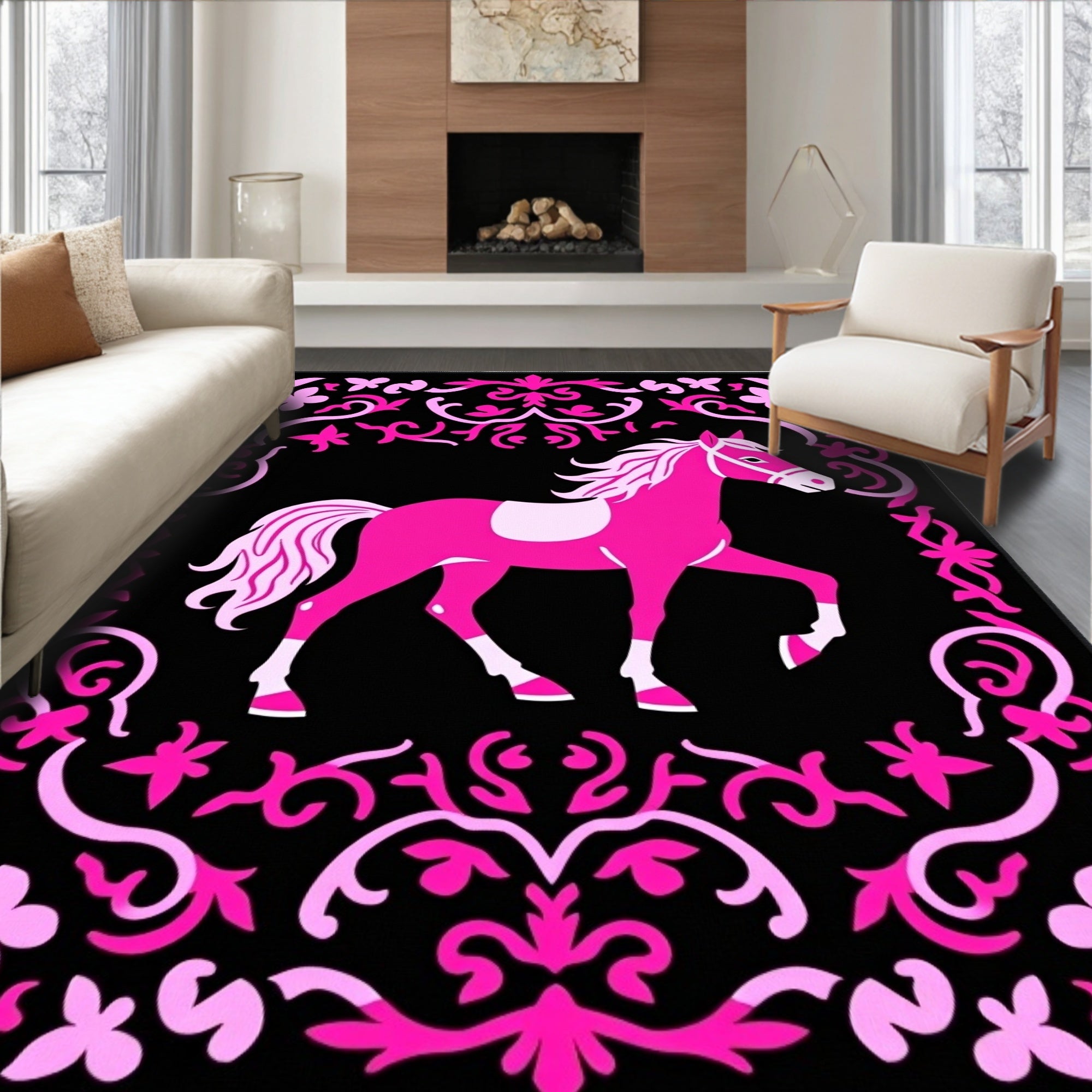 Pink Horse Black Floral Frame Rug