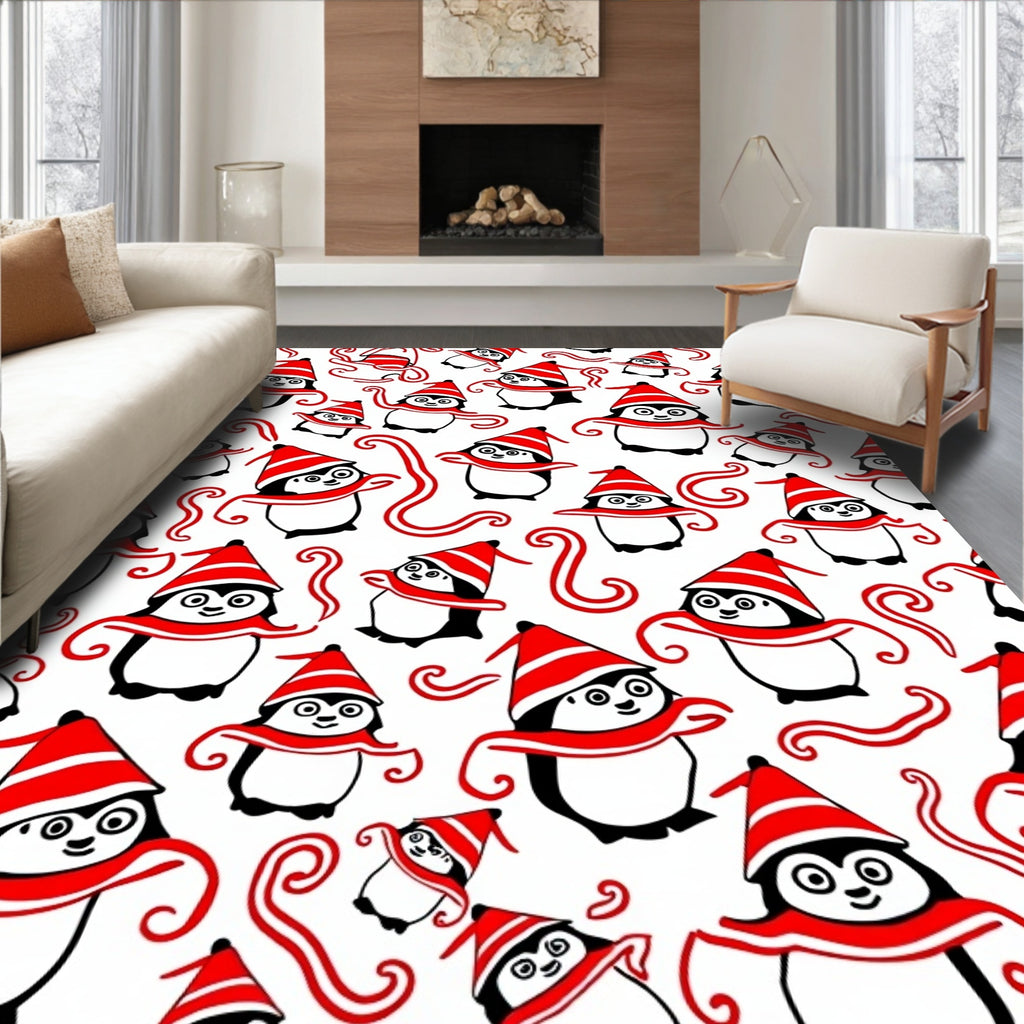 Festive Red Penguin Winter Scene Rug