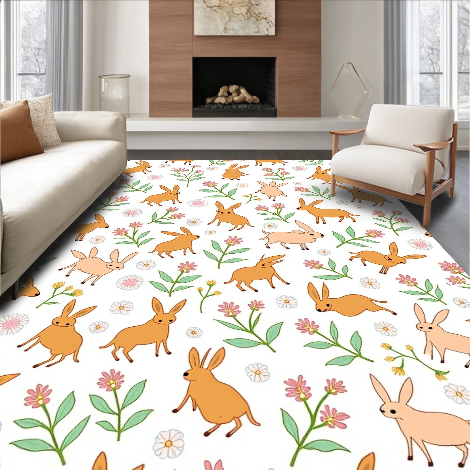 Whimsical Brown Bunny Meadow Floral Rug