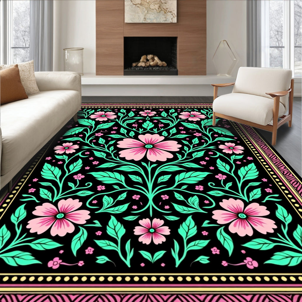 Pink Floral Vine Black Garden Rug