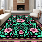 Pink Floral Vine Black Garden Rug