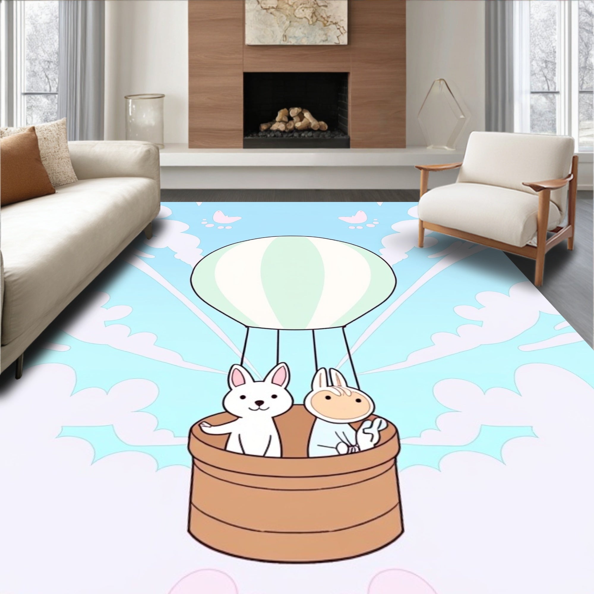 Whimsical Bunny Hot Air Balloon Adventure Rug