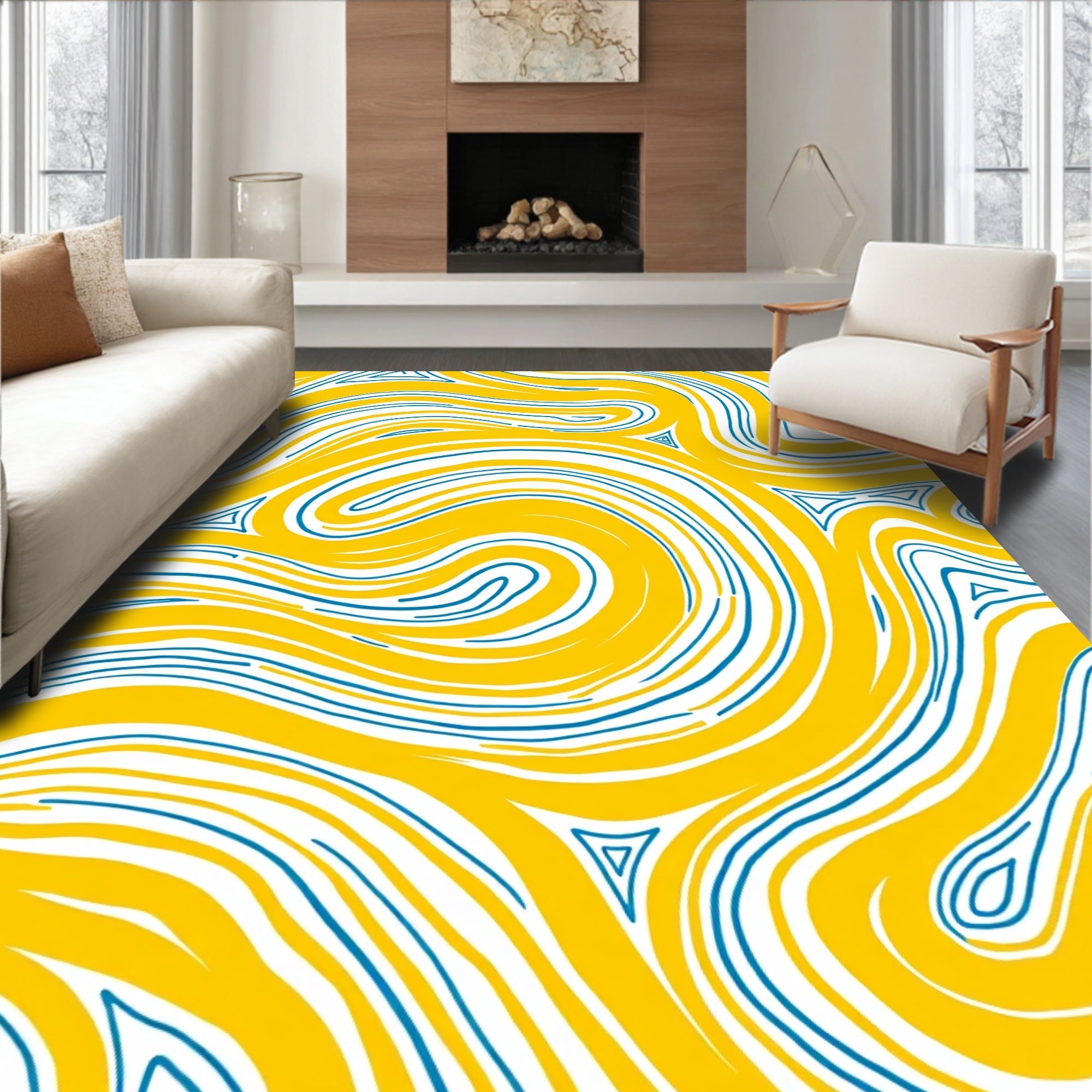 Golden Blue Swirling River Rug