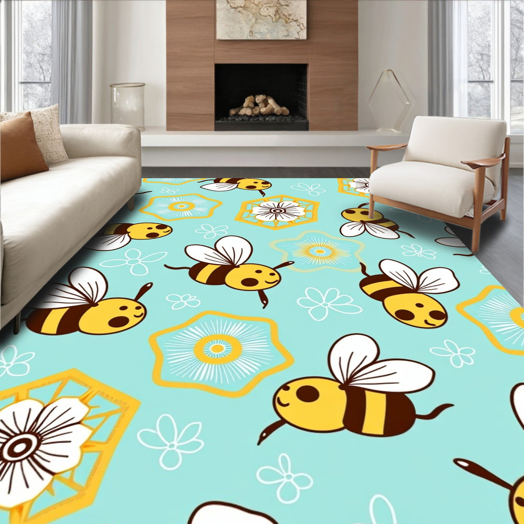 Buzzy Yellow Bees with Blue Flowers Rug