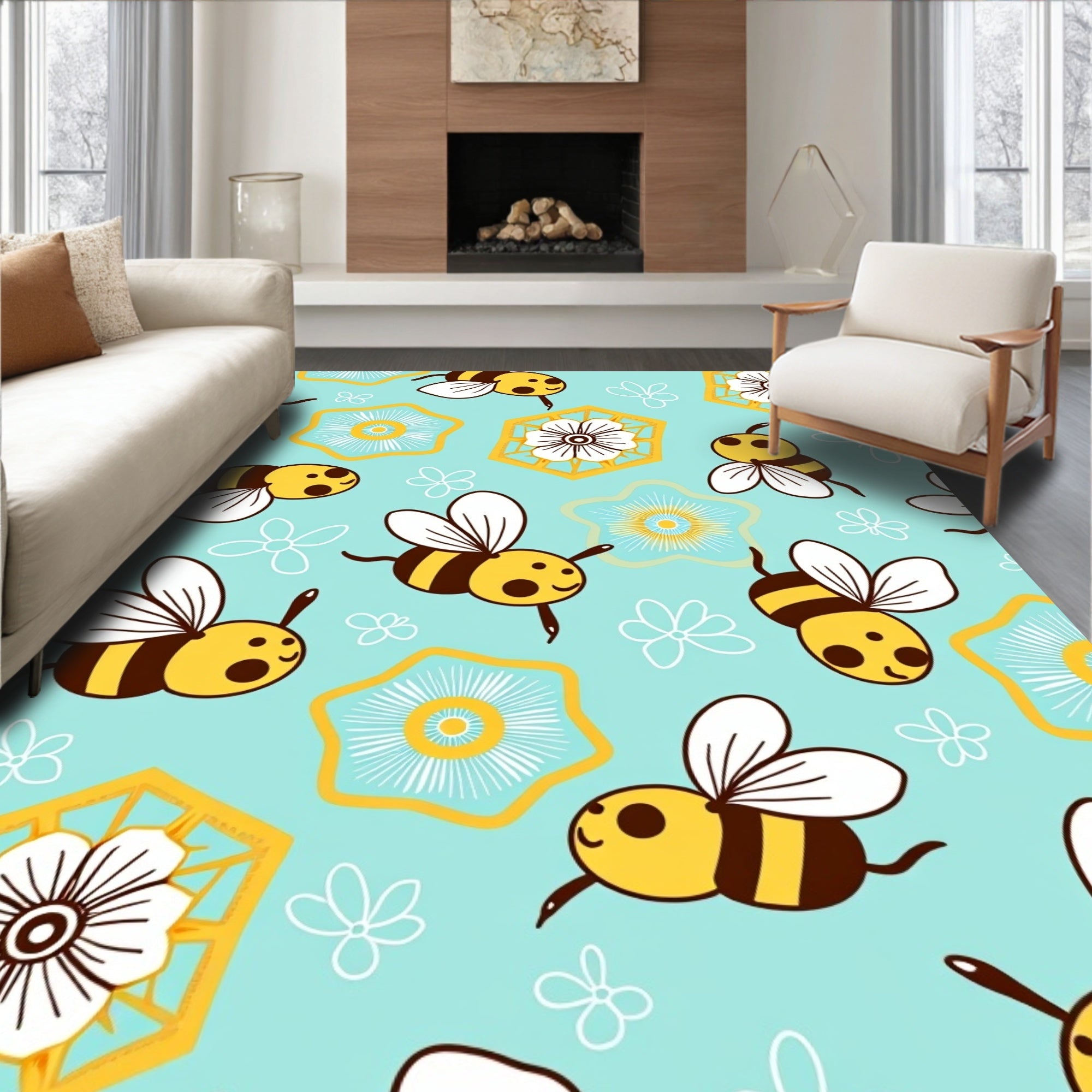 Buzzy Yellow Bees with Blue Flowers Rug