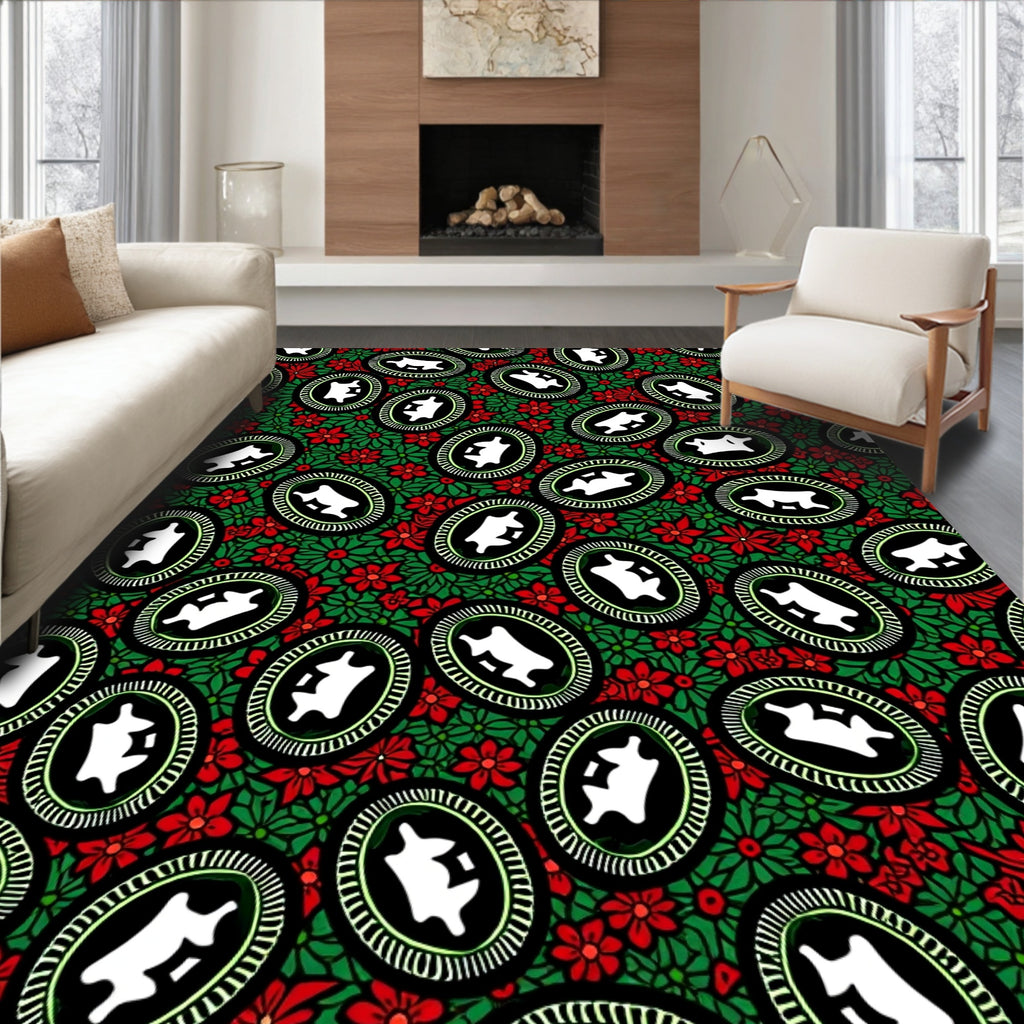 Vintage Green Red Floral Oval Medallions Rug