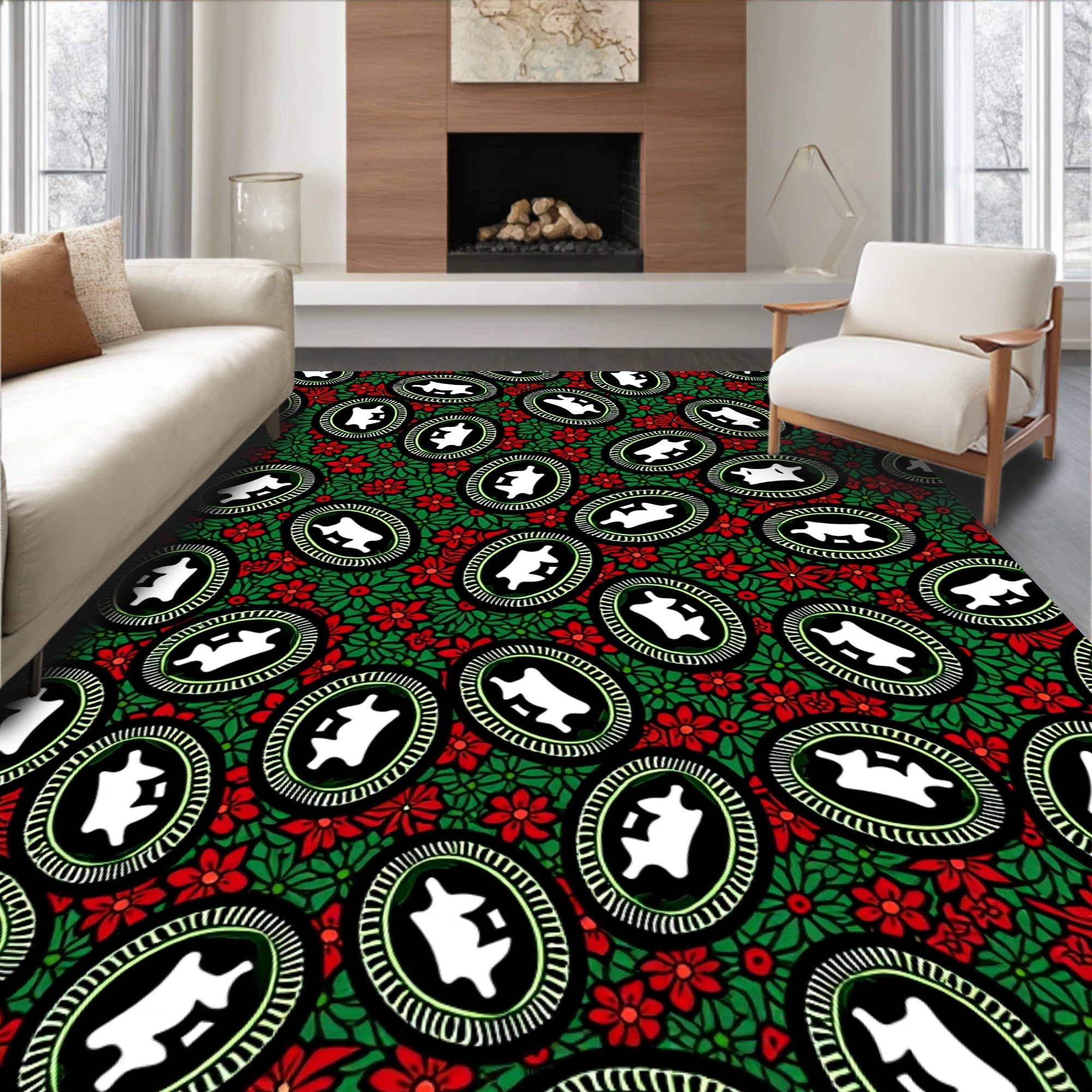 Vintage Green Red Floral Oval Medallions Rug