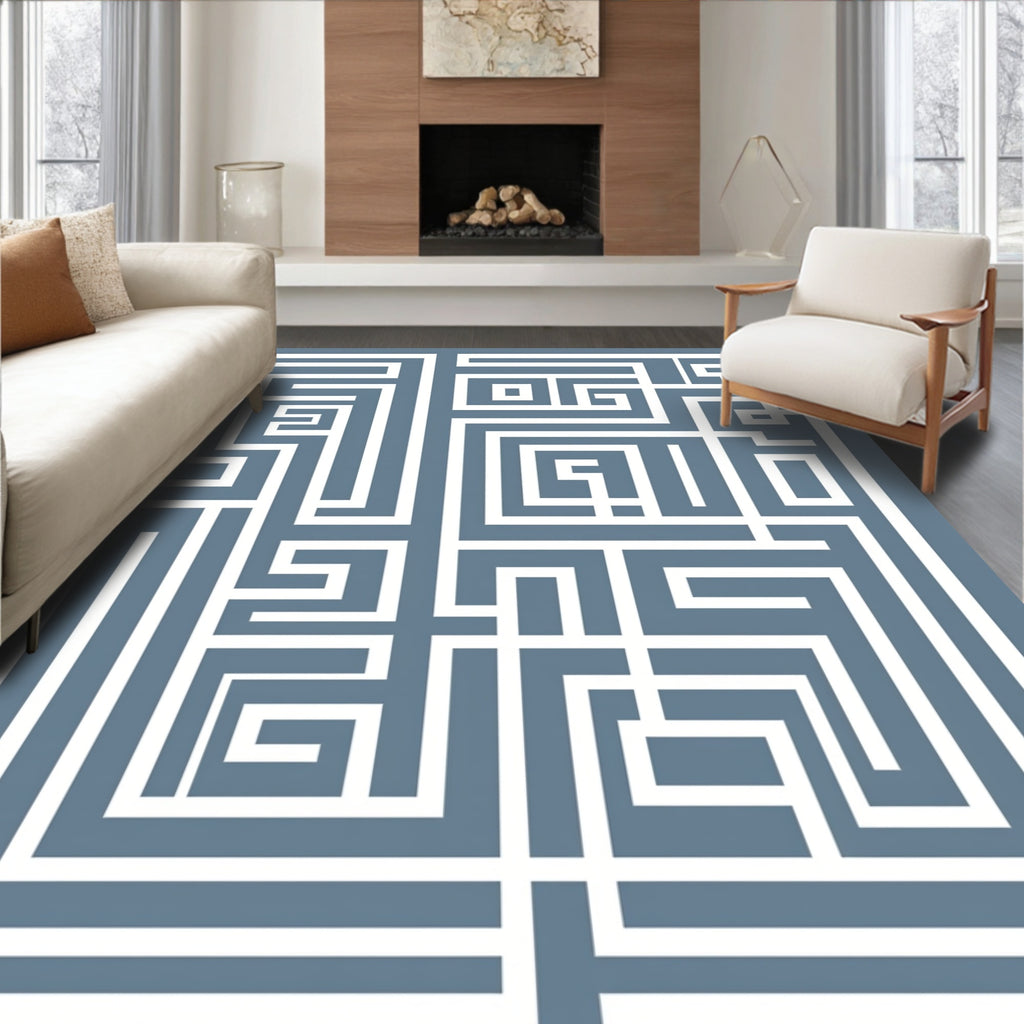White Geometric Maze Abstract Rug