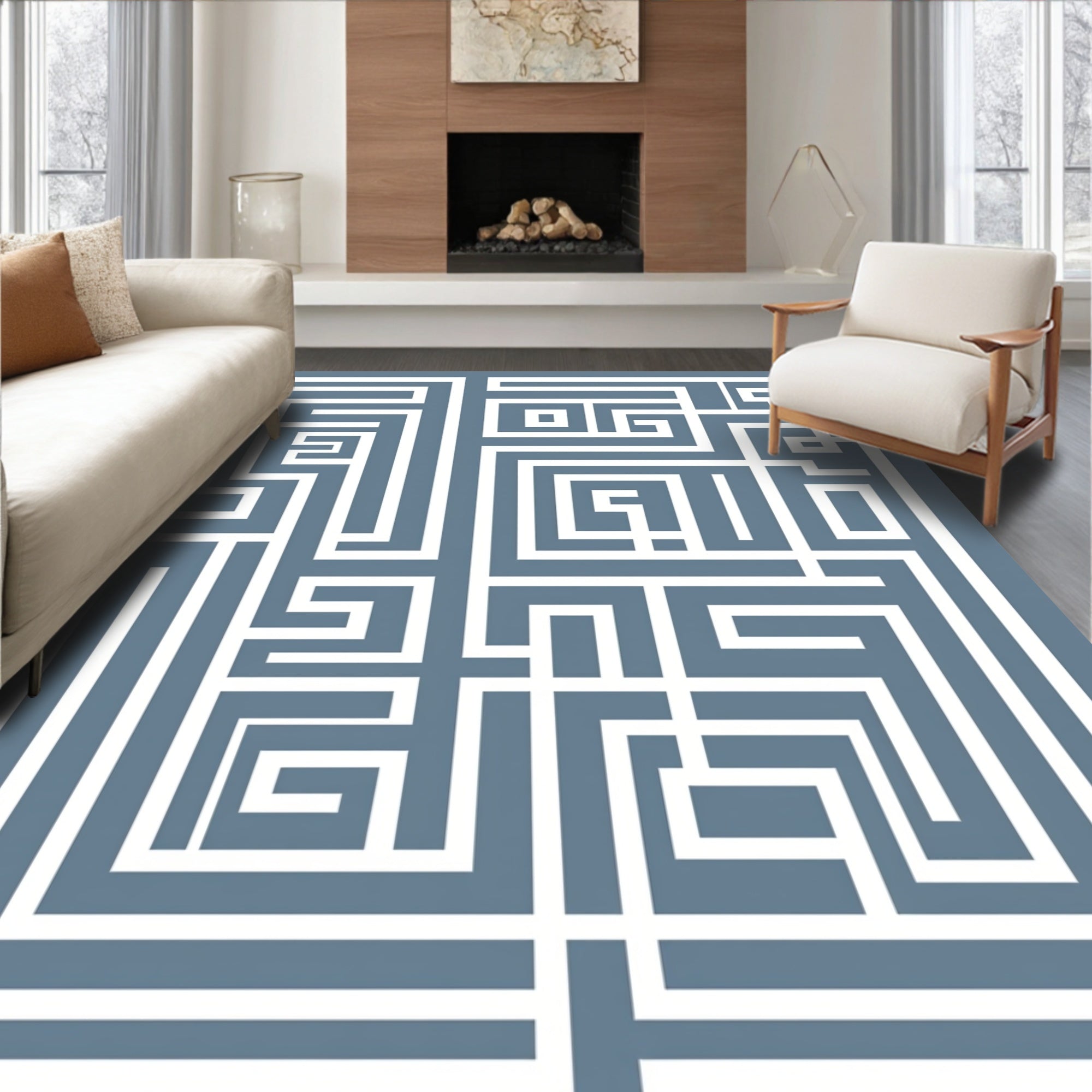 White Geometric Maze Abstract Rug