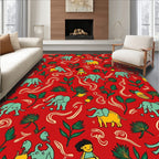 Jungle Elephants And Figures On Red Rug