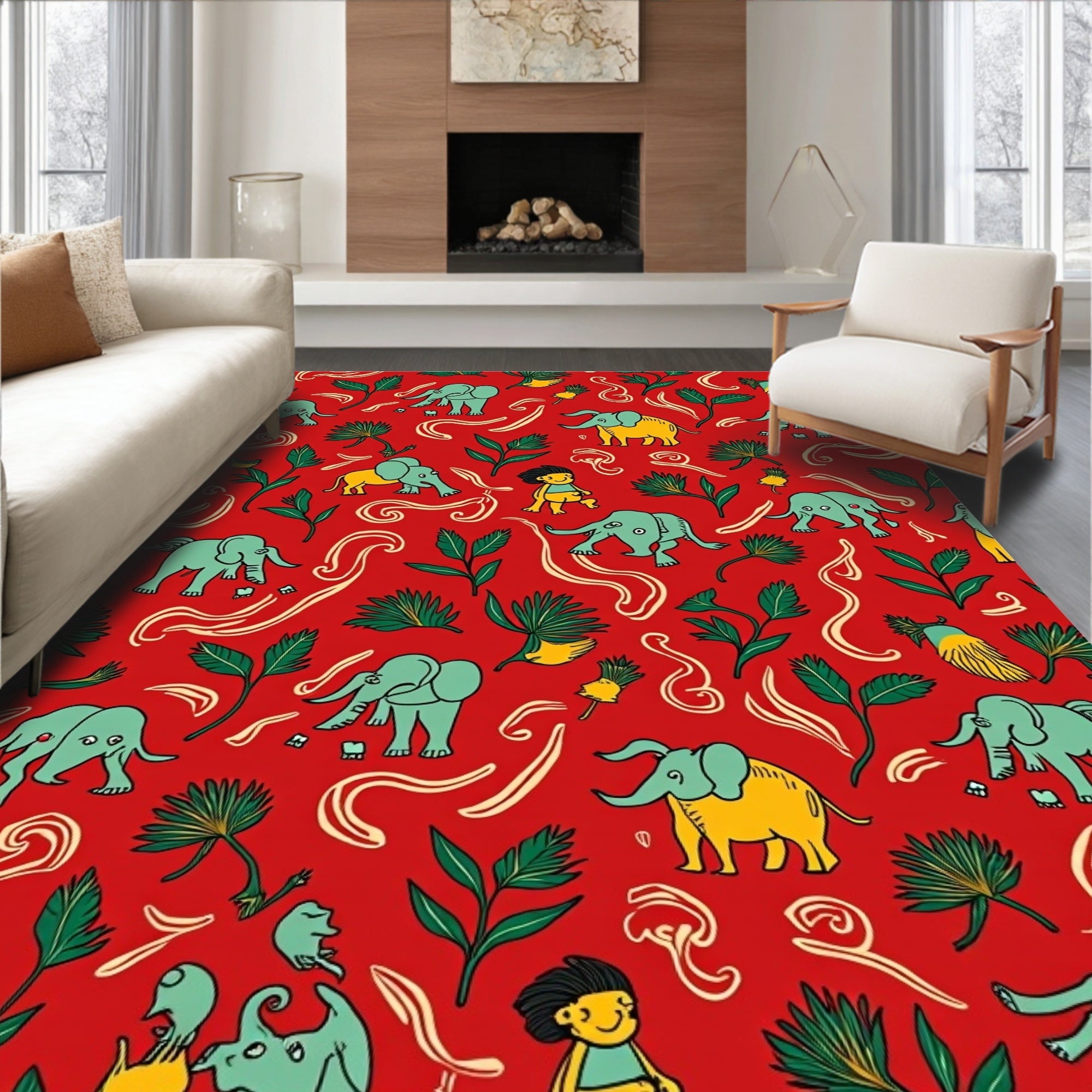 Jungle Elephants And Figures On Red Rug