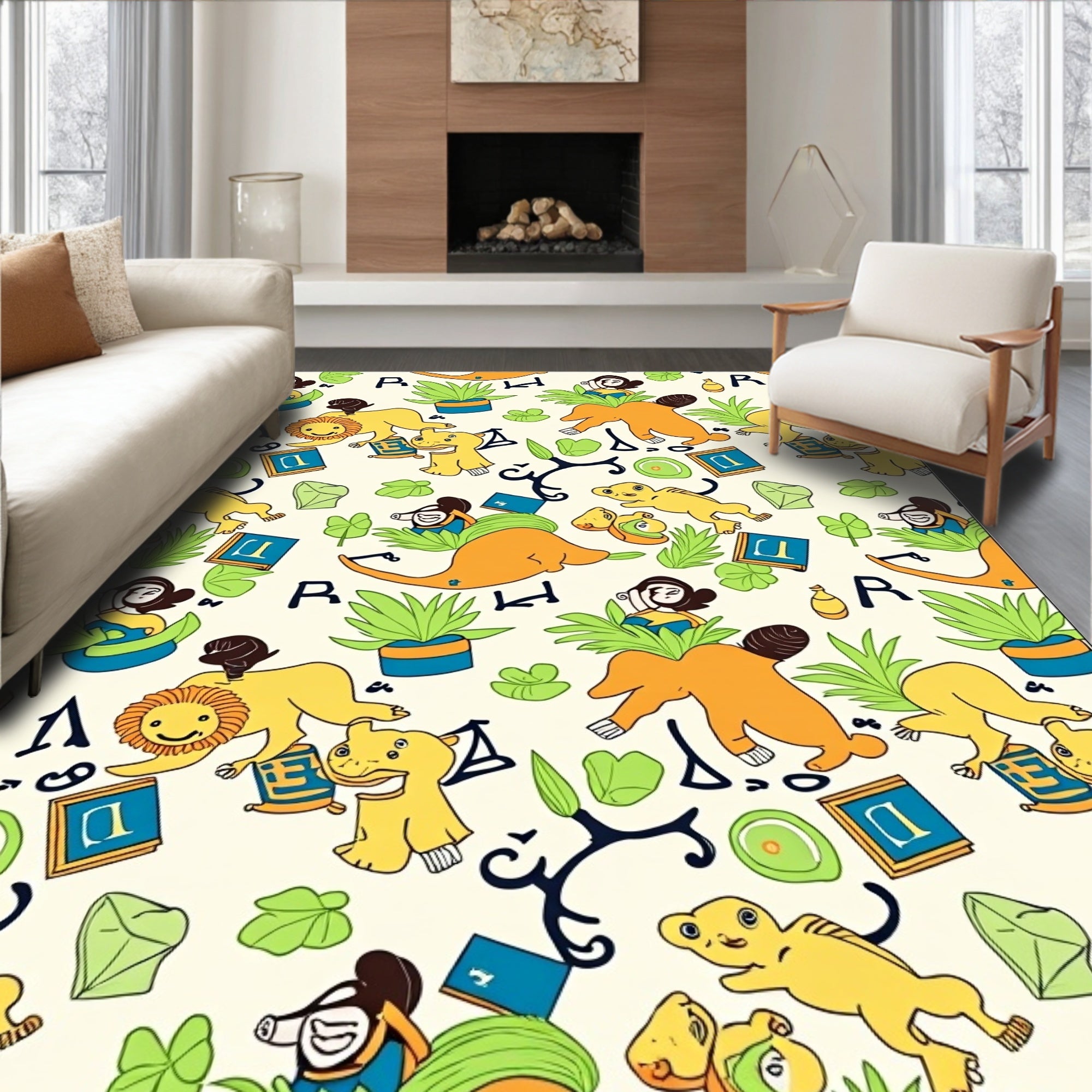 Whimsical Yellow Animals and Letters Rug