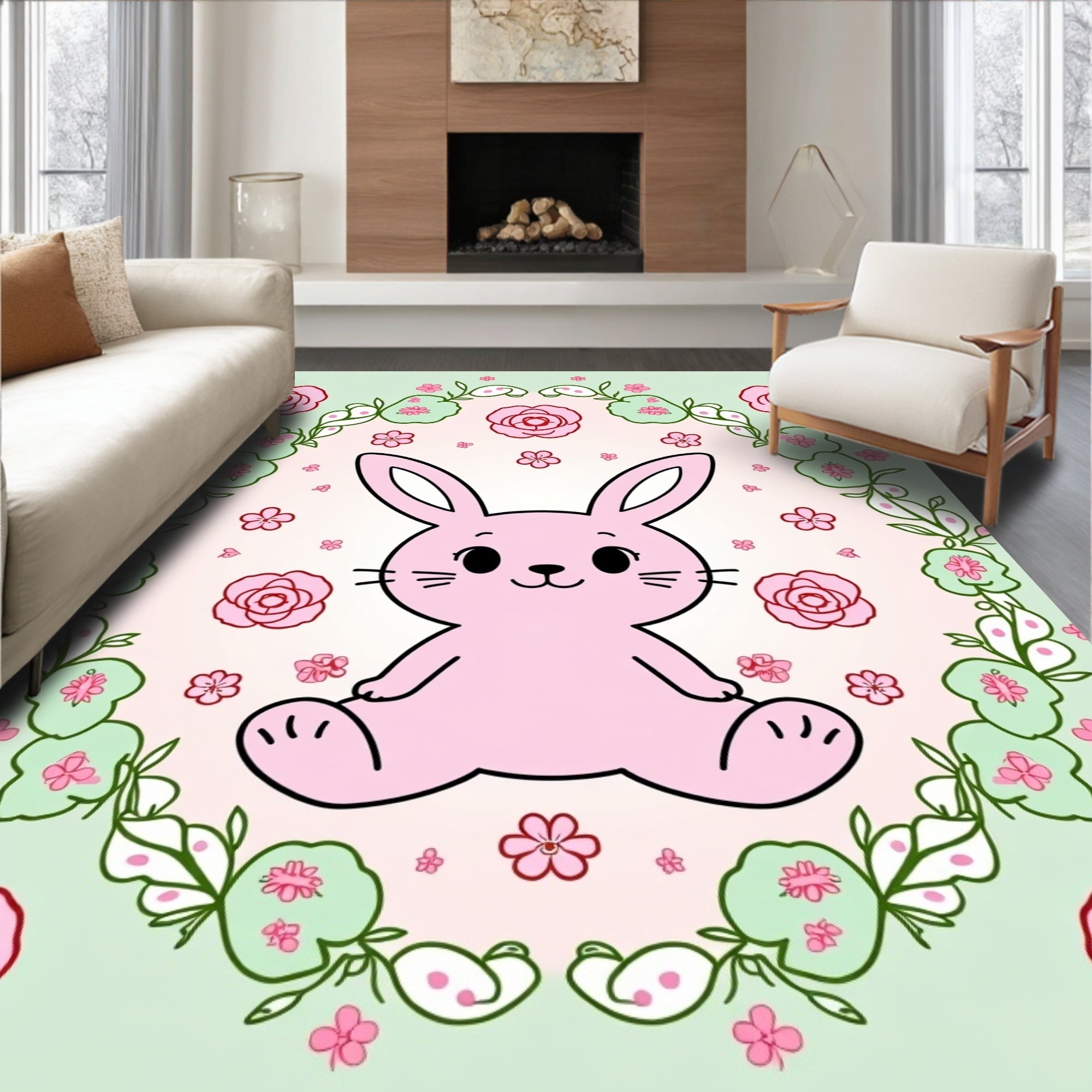 Pink Bunny Floral Swirl Arrangement Rug