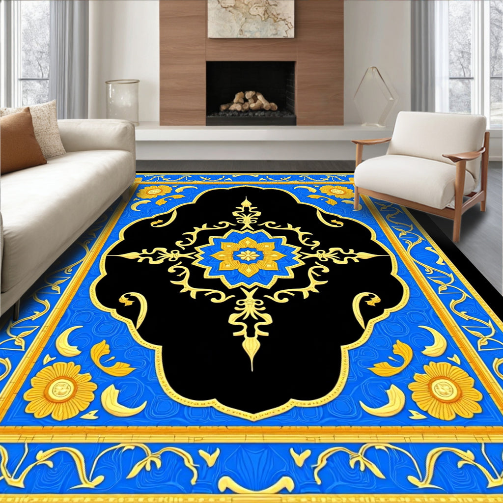 Golden Sunburst Blue Floral Bloom Rug