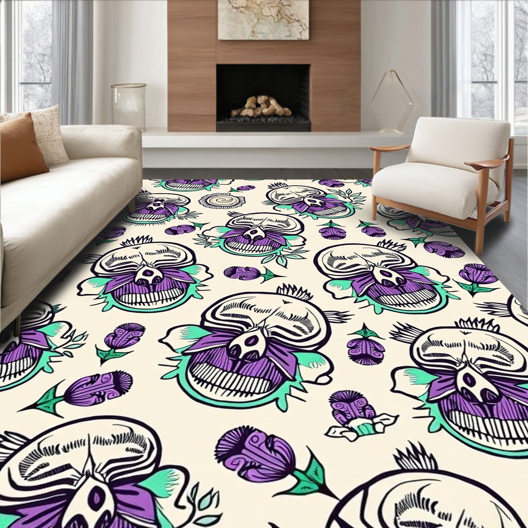 Purple Skull Floral Cream Background Rug