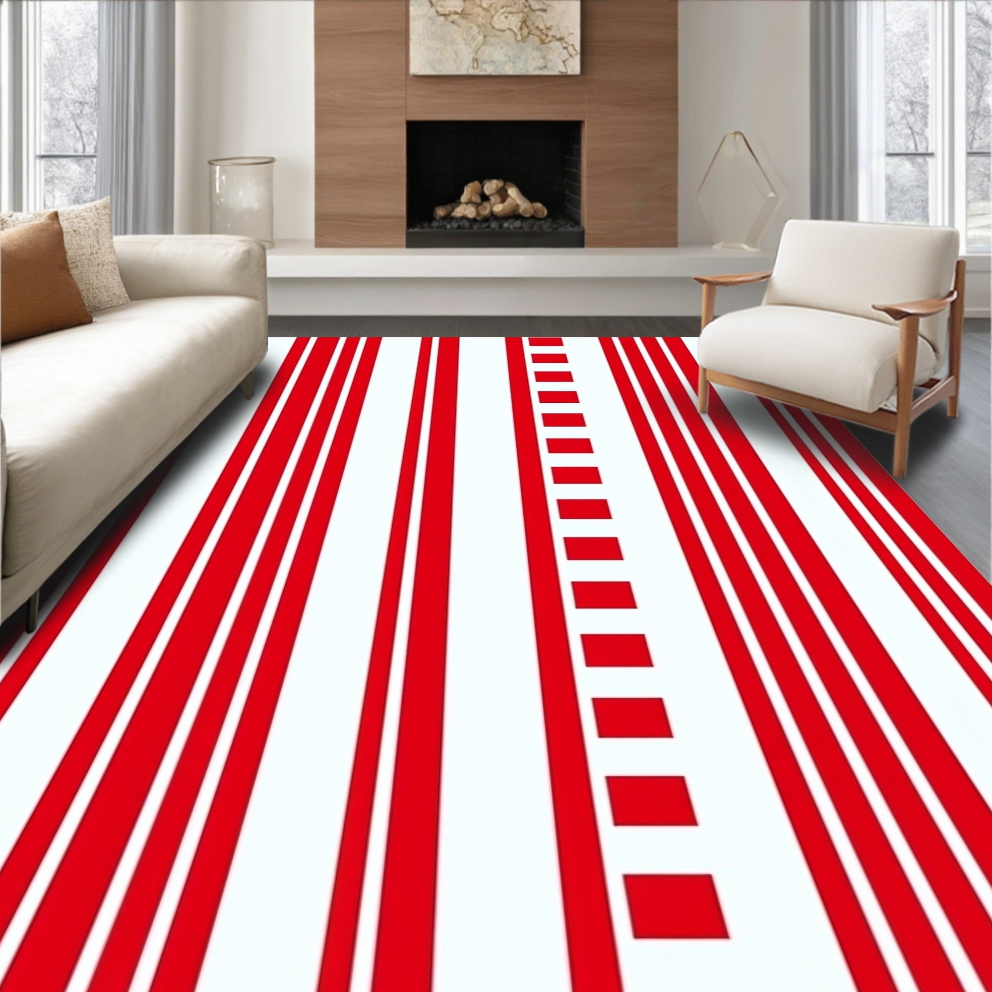 Bold Red White Vertical Stripe Squares Rug