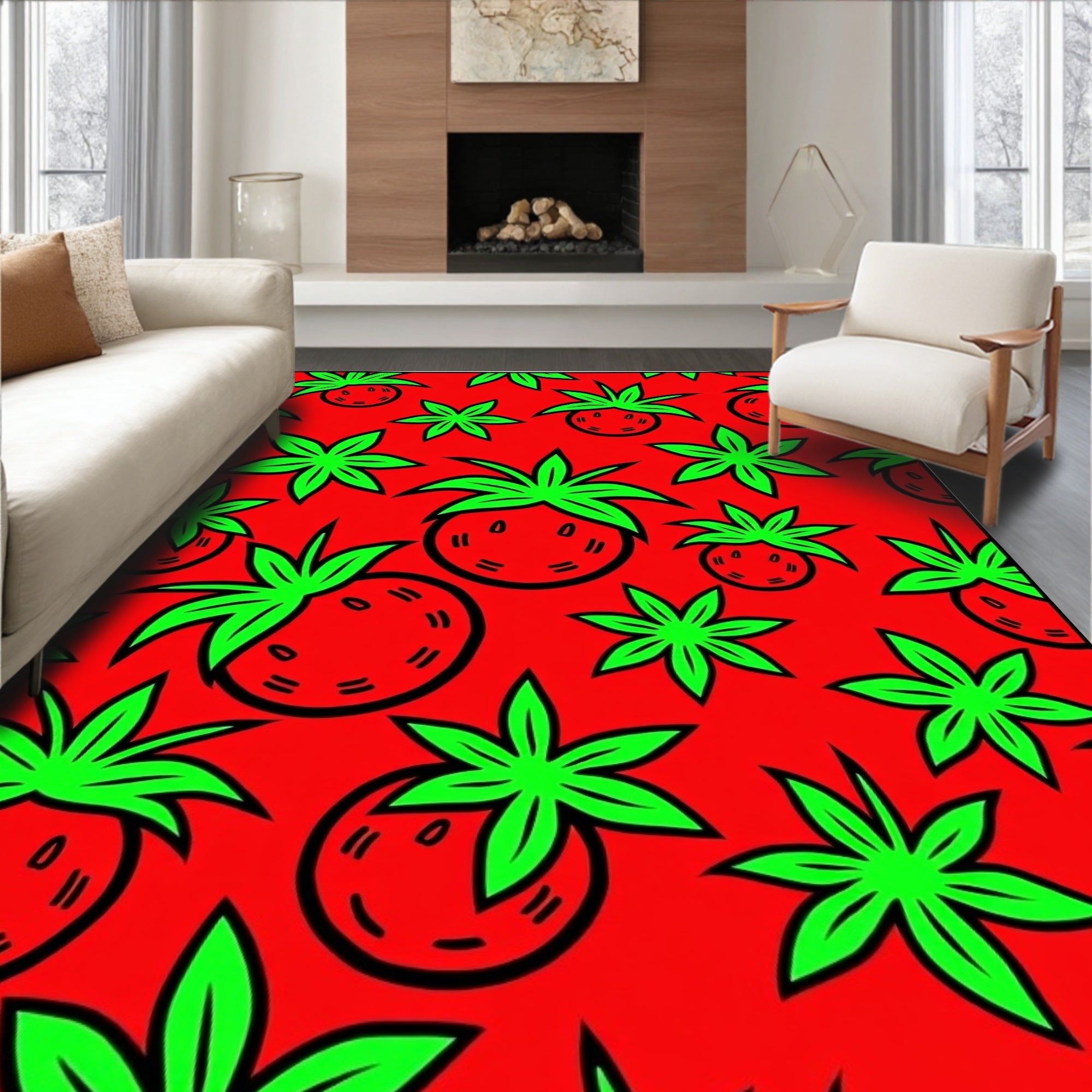 Red Strawberry Green Leaf Repeat Rug