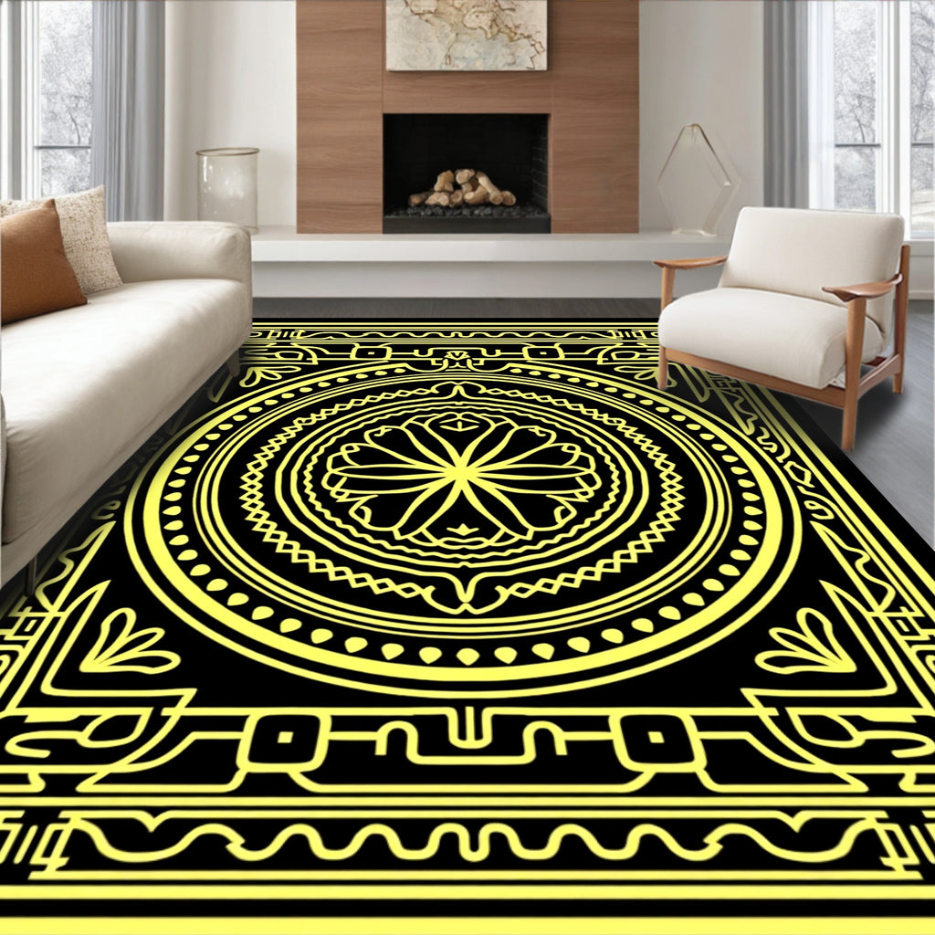 Golden Yellow Floral Mandala Border Rug