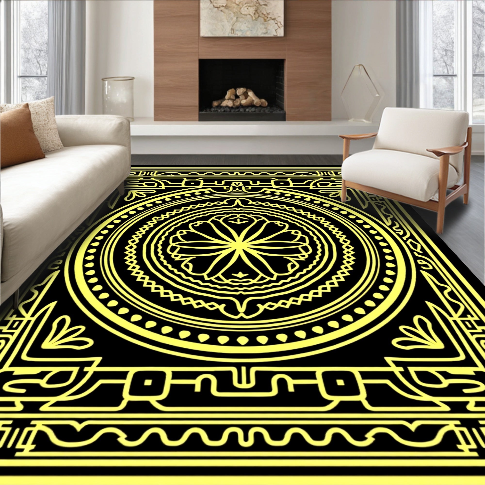 Golden Yellow Floral Mandala Border Rug