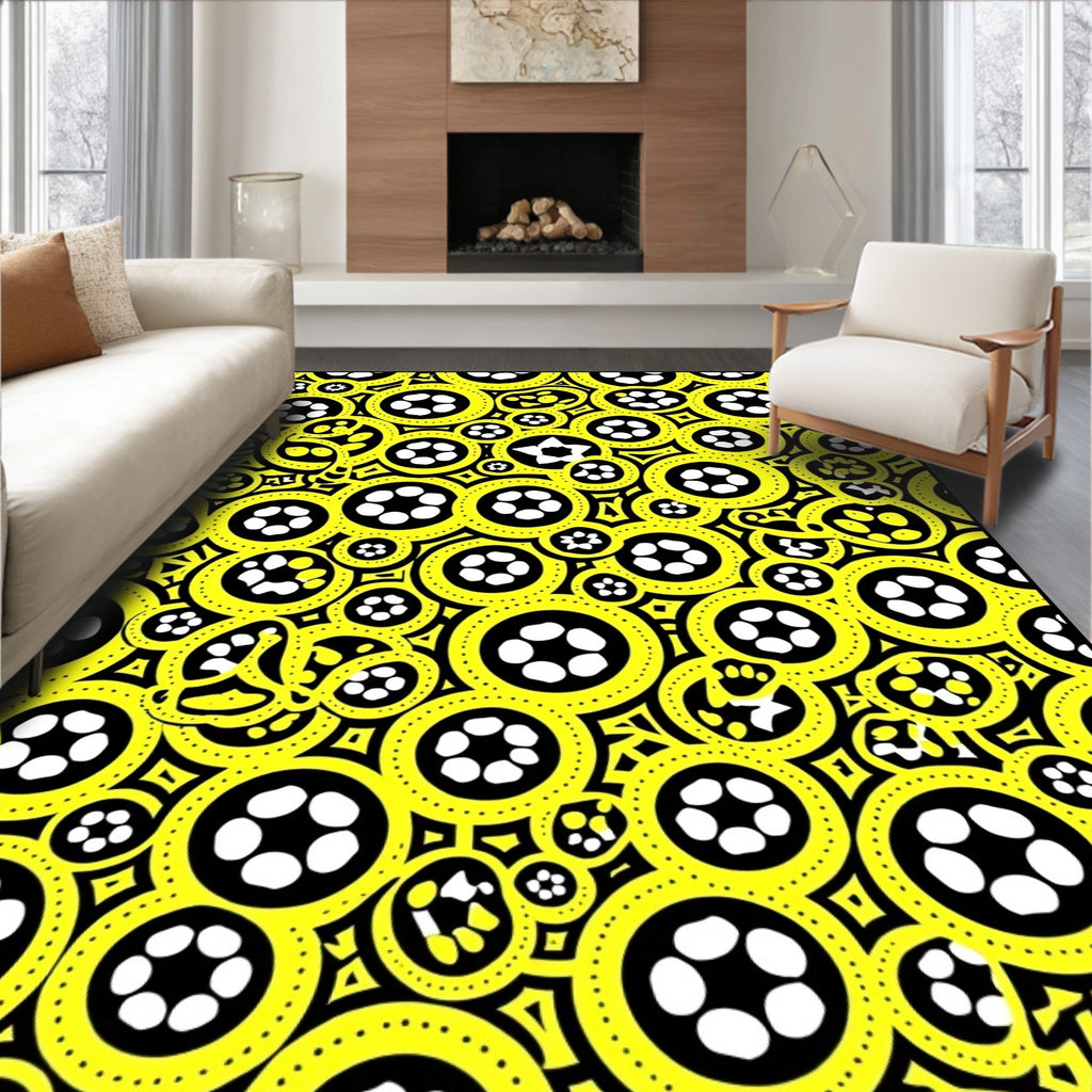 Bright Yellow Circular Soccer Ball Collage Rug