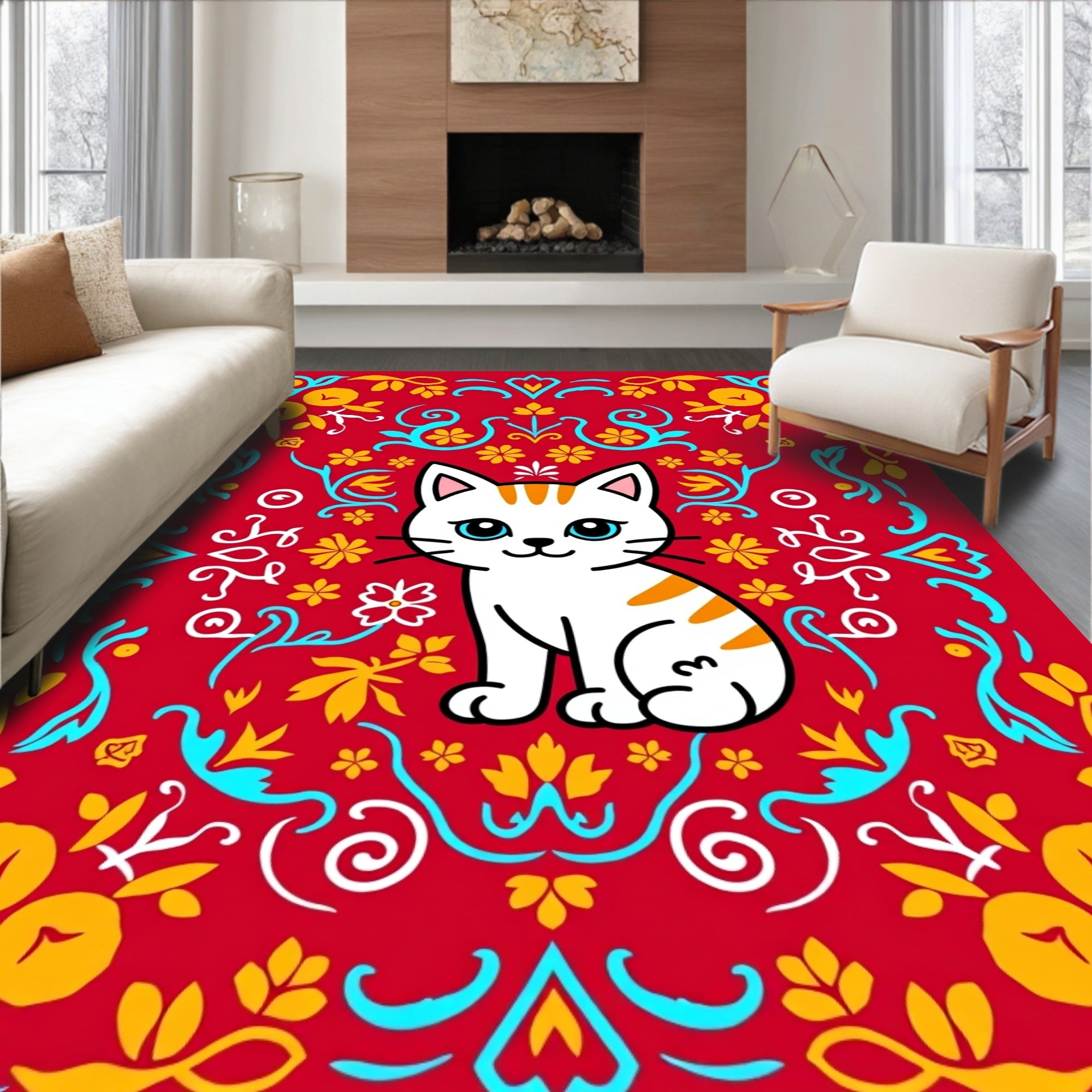 Cute Red Floral Cat Illustration Rug