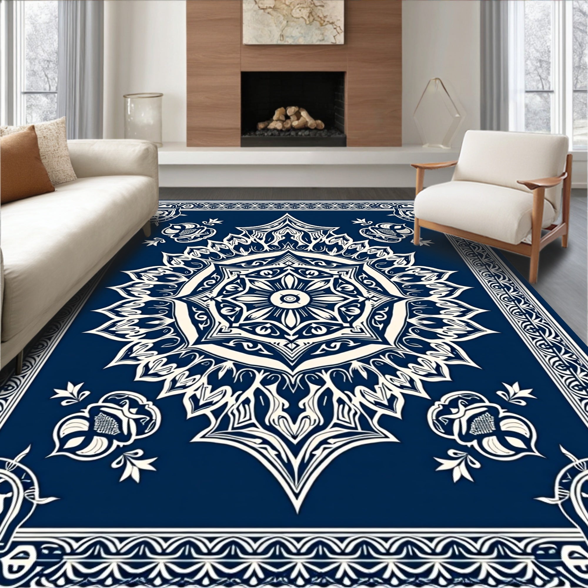 Ornate Navy Mandala Bloom Rug