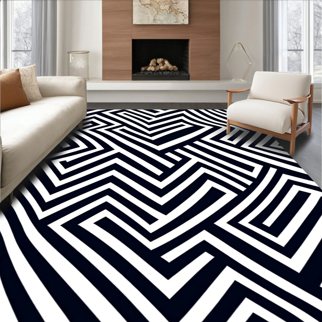 Sophisticated Black White Geometric Maze Rug