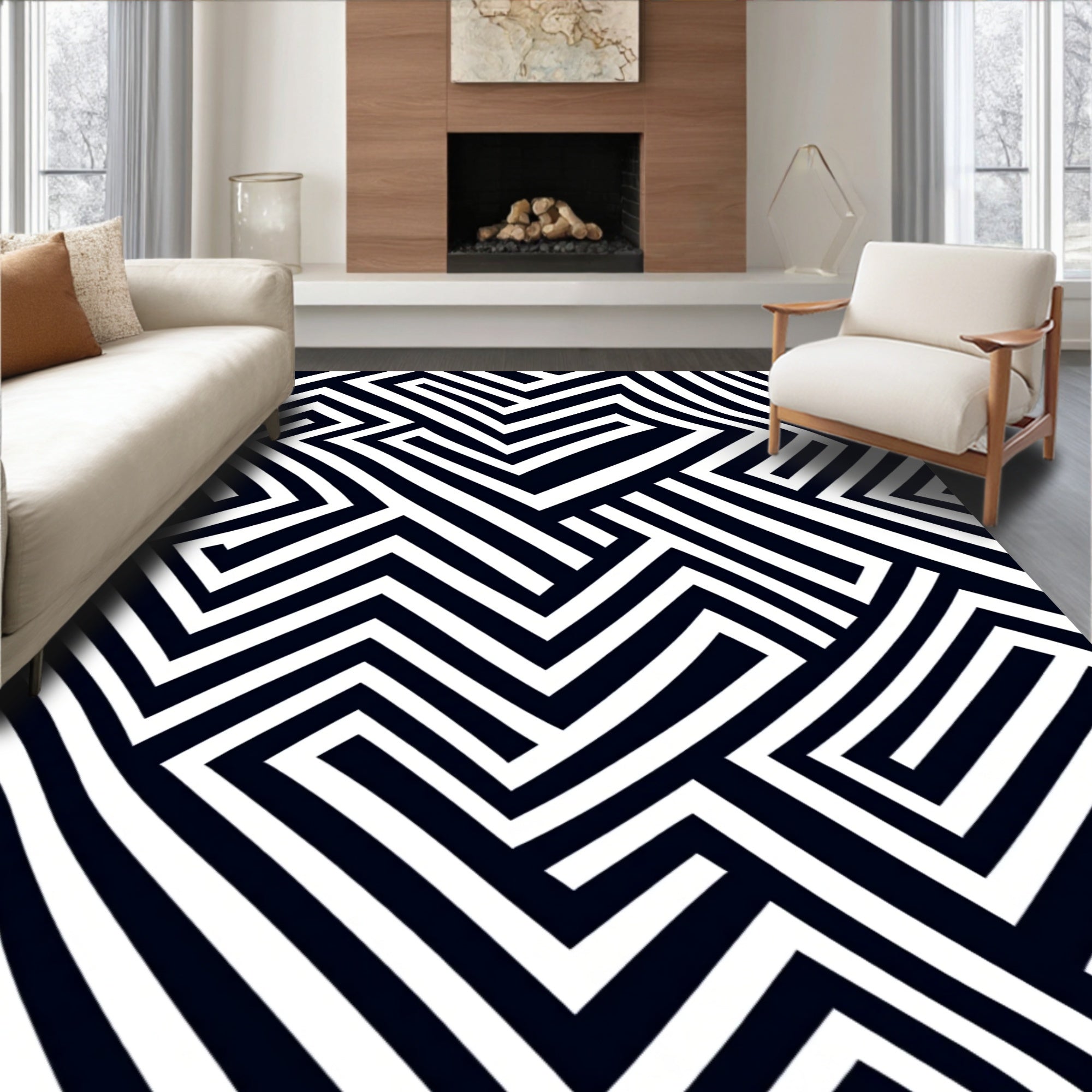 Sophisticated Black White Geometric Maze Rug