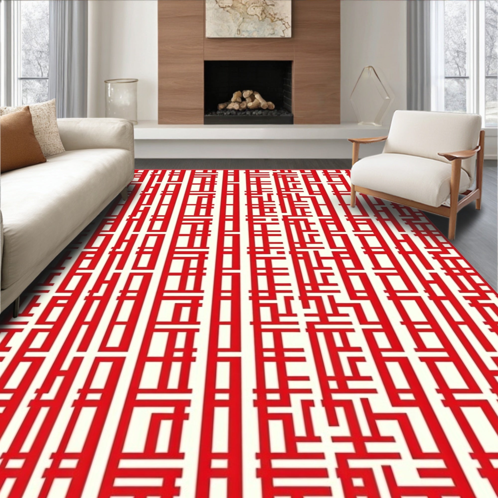 Crimson White Vertical Labyrinth Rug